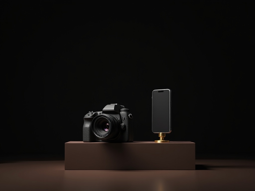 A DSLR with ring flash beside a flagship smartphone on a museum plinth
