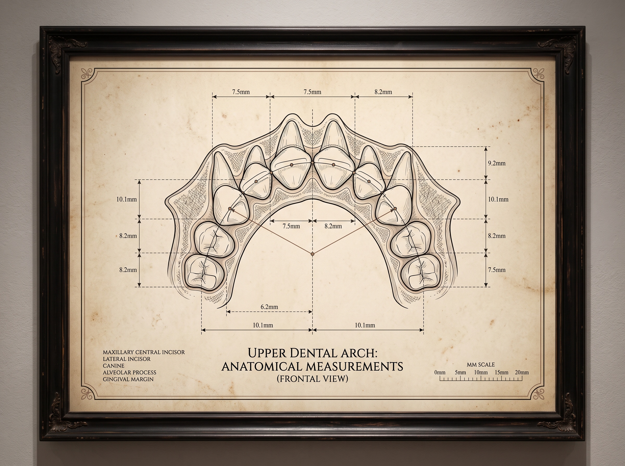 Framed measurement diagram of the anterior maxillary arch with point-to-point landmark lines