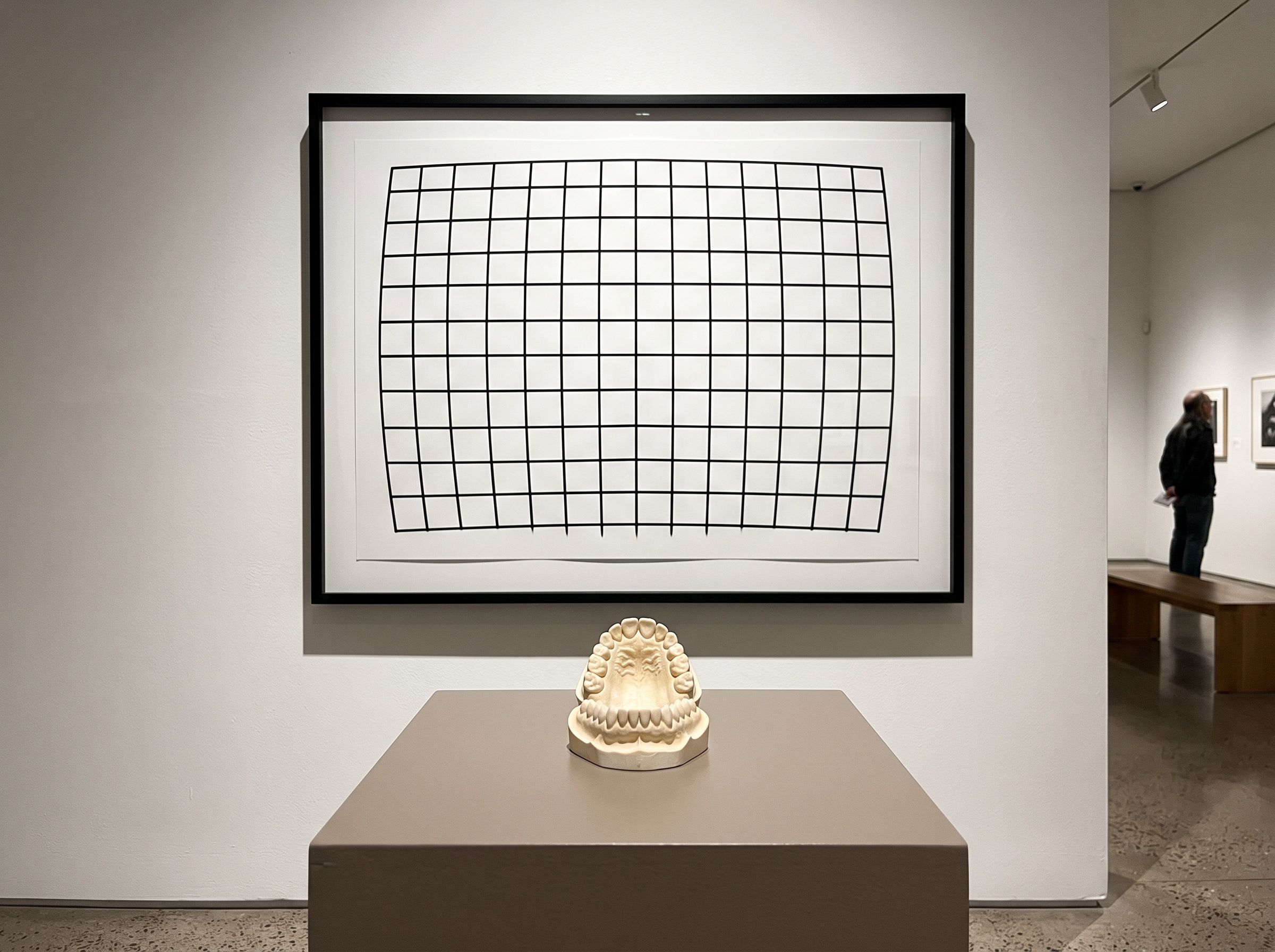 Framed image showing gently bowed grid lines representing lens distortion beside a dental model