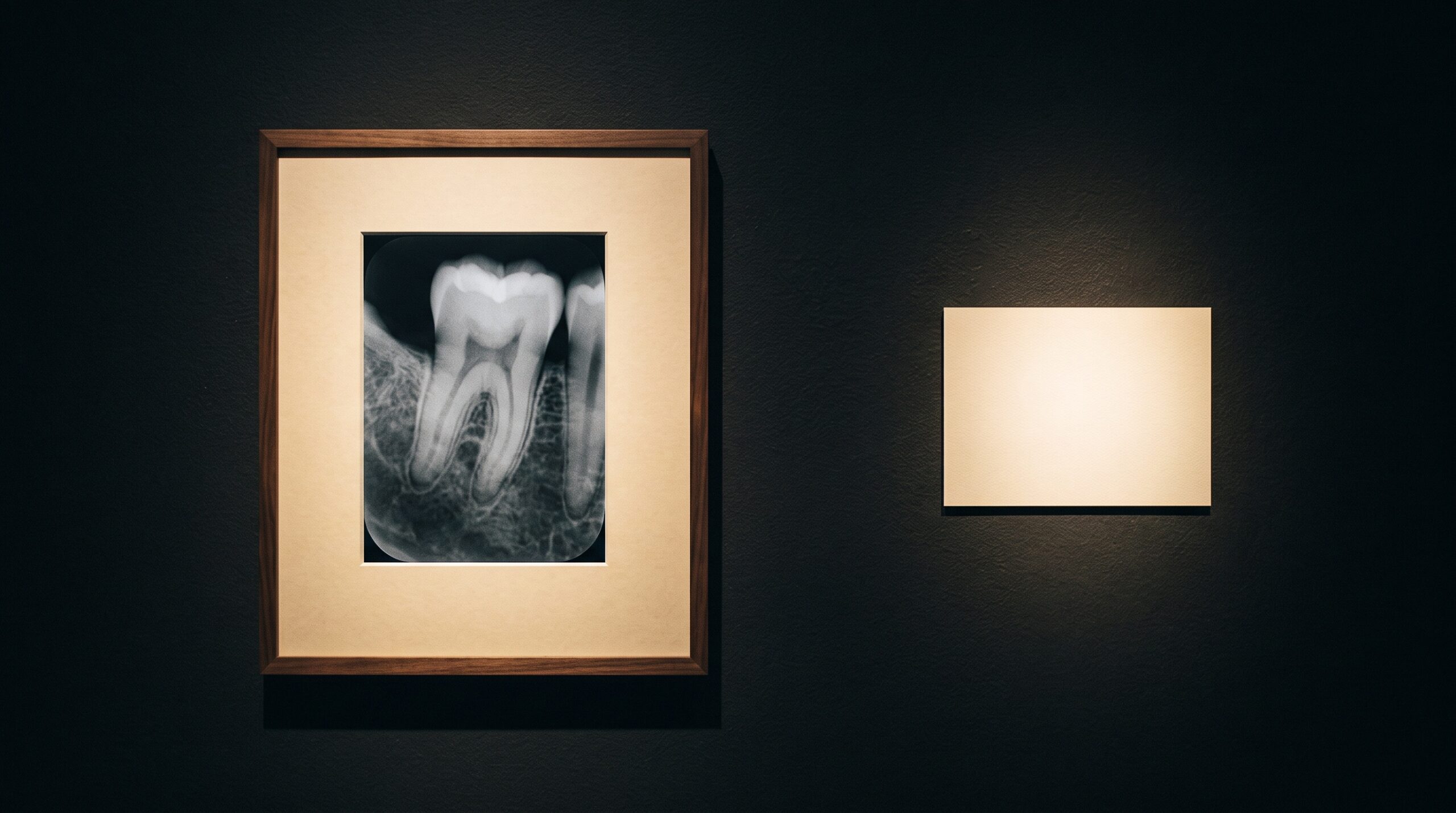 A framed dental radiograph on a gallery wall with a small blank museum placard beside it under refined lighting