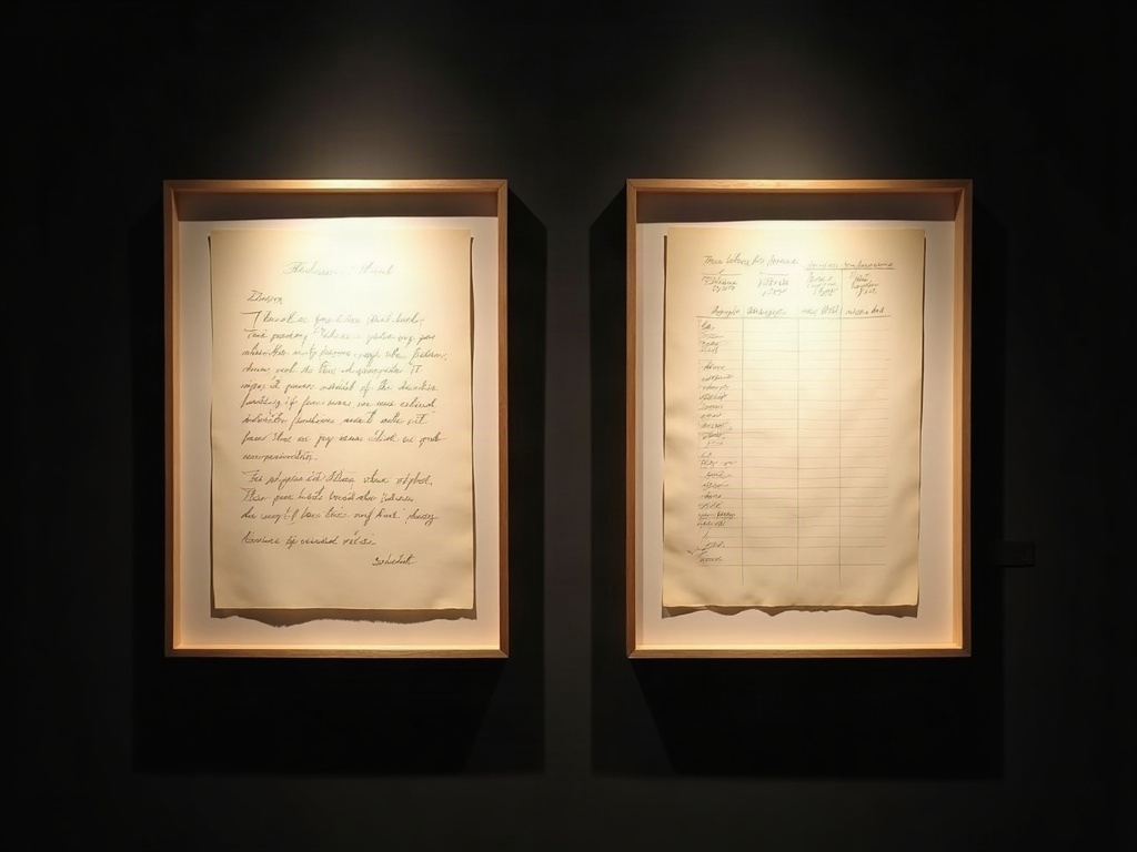 Two framed documents: a loose uneven paragraph of prose on the left, an orderly grid of aligned labelled rows on the right