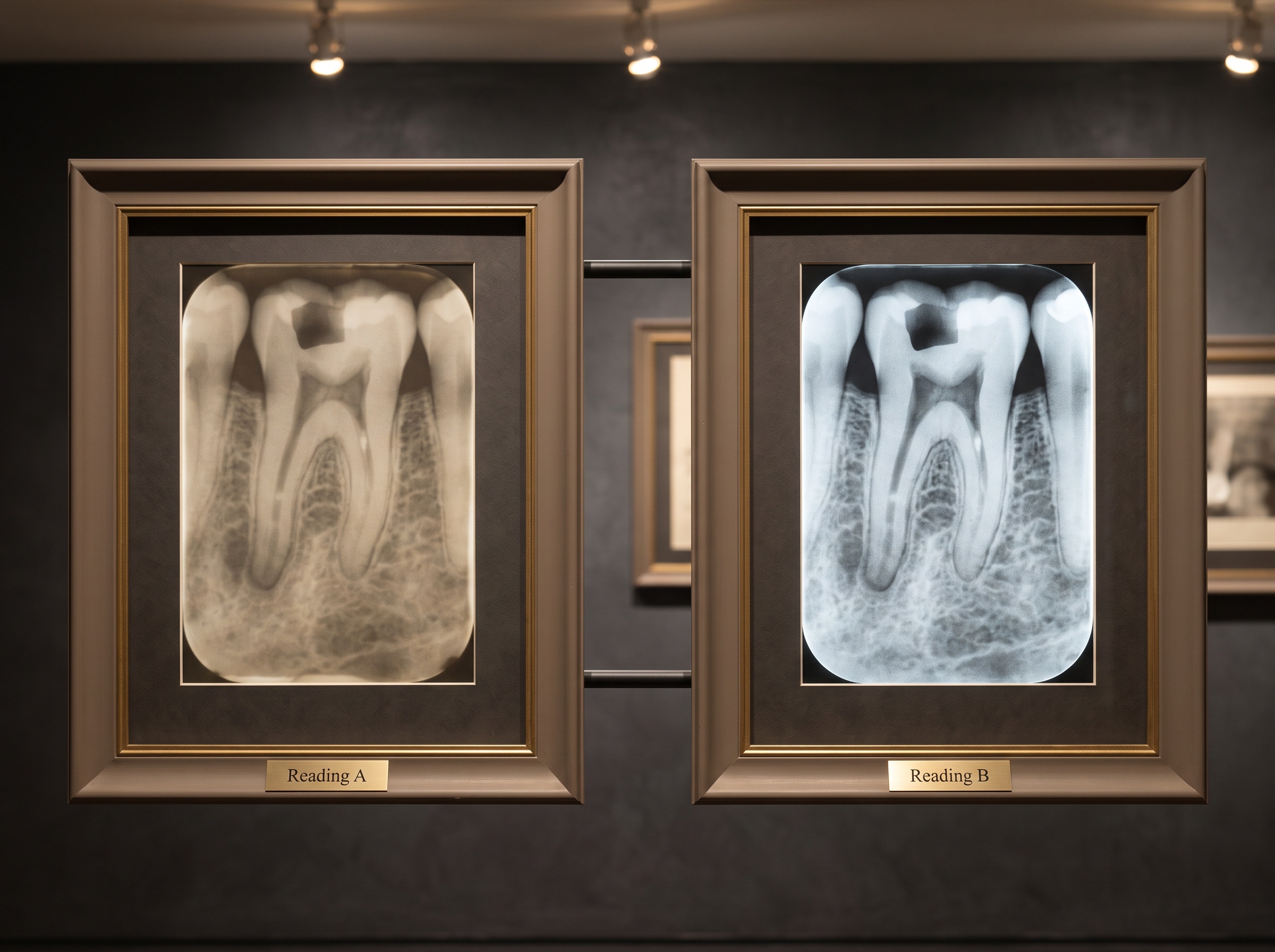 The same periapical radiograph shown twice, paired with two descriptive frames of unequal clarity