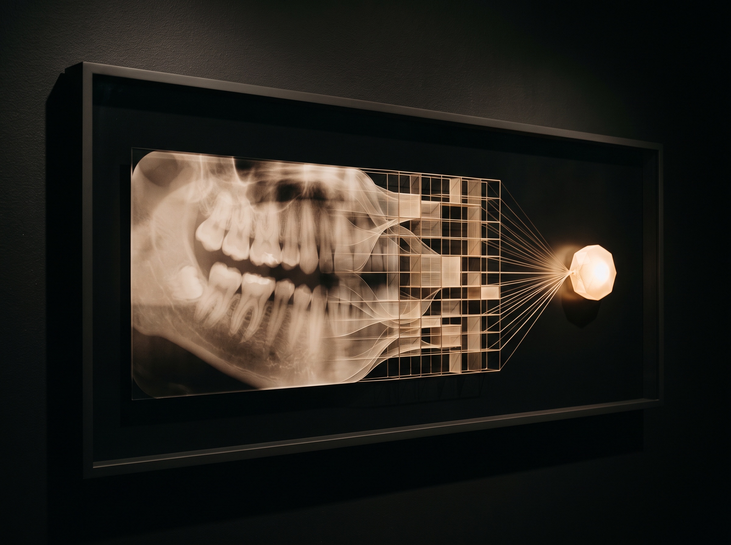 A radiograph feeding a structured lattice of fields that connects to a glowing intelligent node