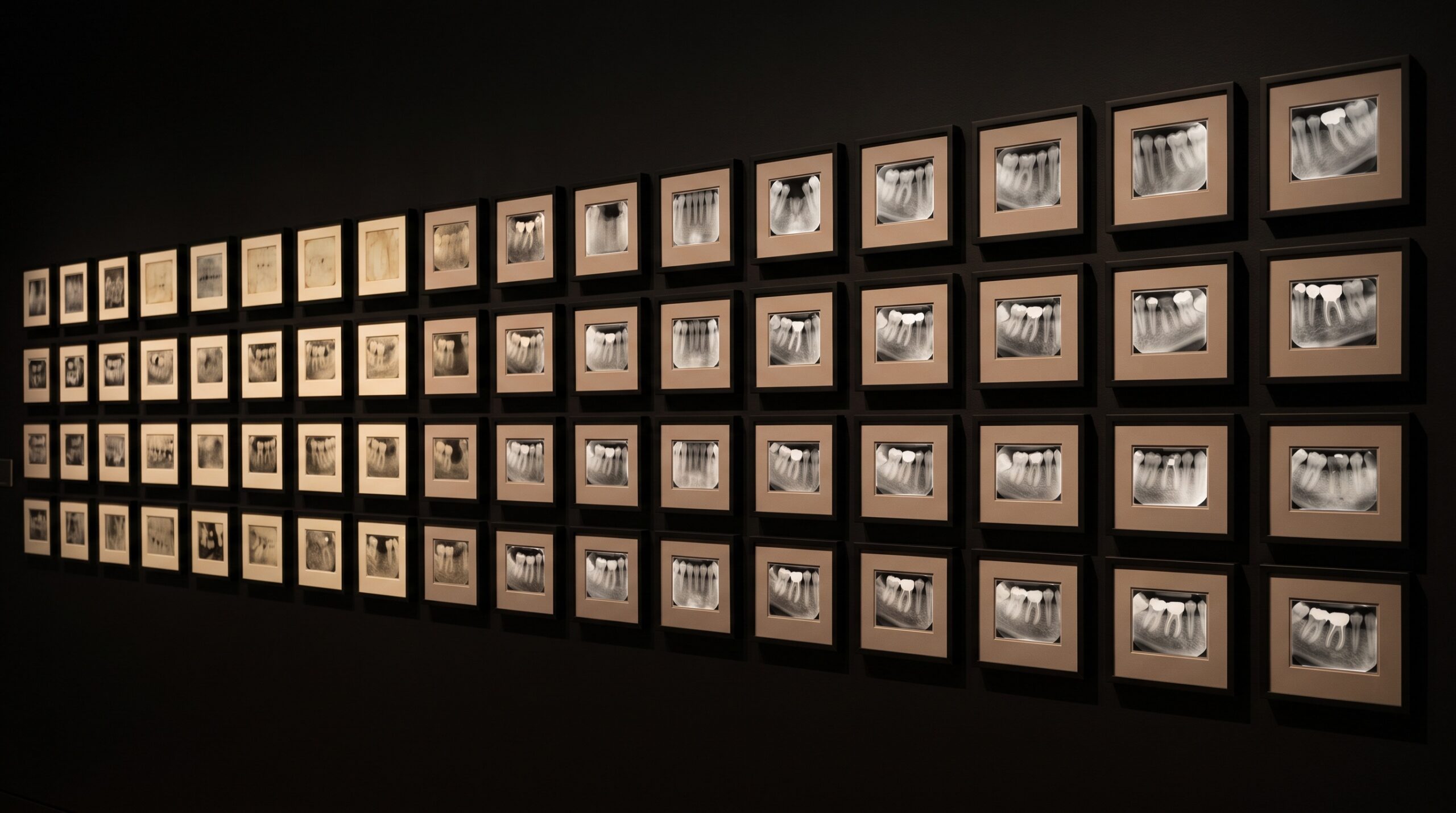 A gallery wall of small framed dental images arranged in a grid, progressing from faint and grainy to crisp and luminous