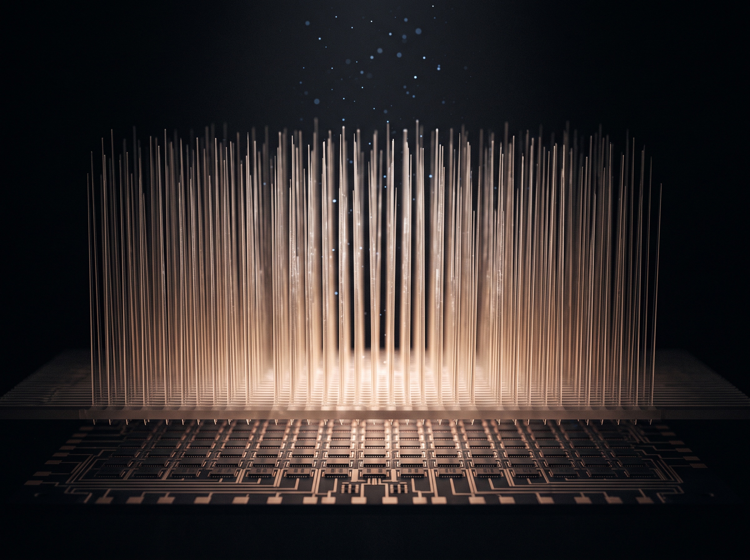 A cross-section of a detector shown as fine vertical crystalline needles channeling light down to a grid of sensor cells