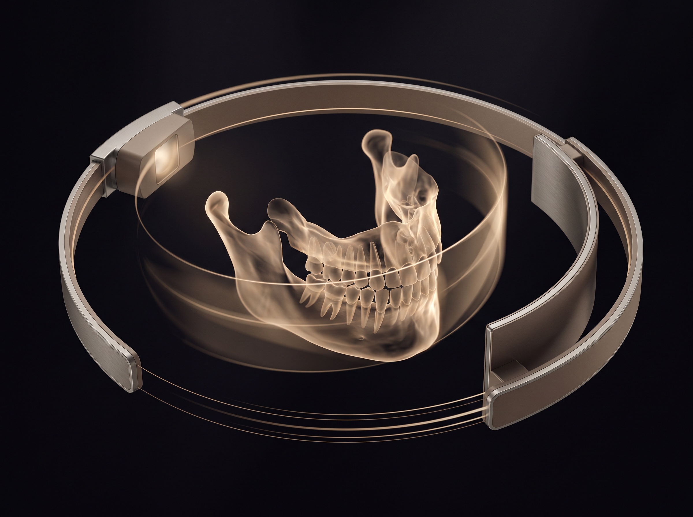 An X-ray source and detector sweeping in an arc around a jaw, tracing a curved path that keeps the dental arch sharp