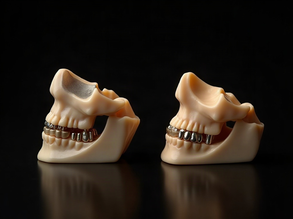 The same 3D jaw volume shown twice, one streaked with metal artifacts and one clarified with the streaks resolved