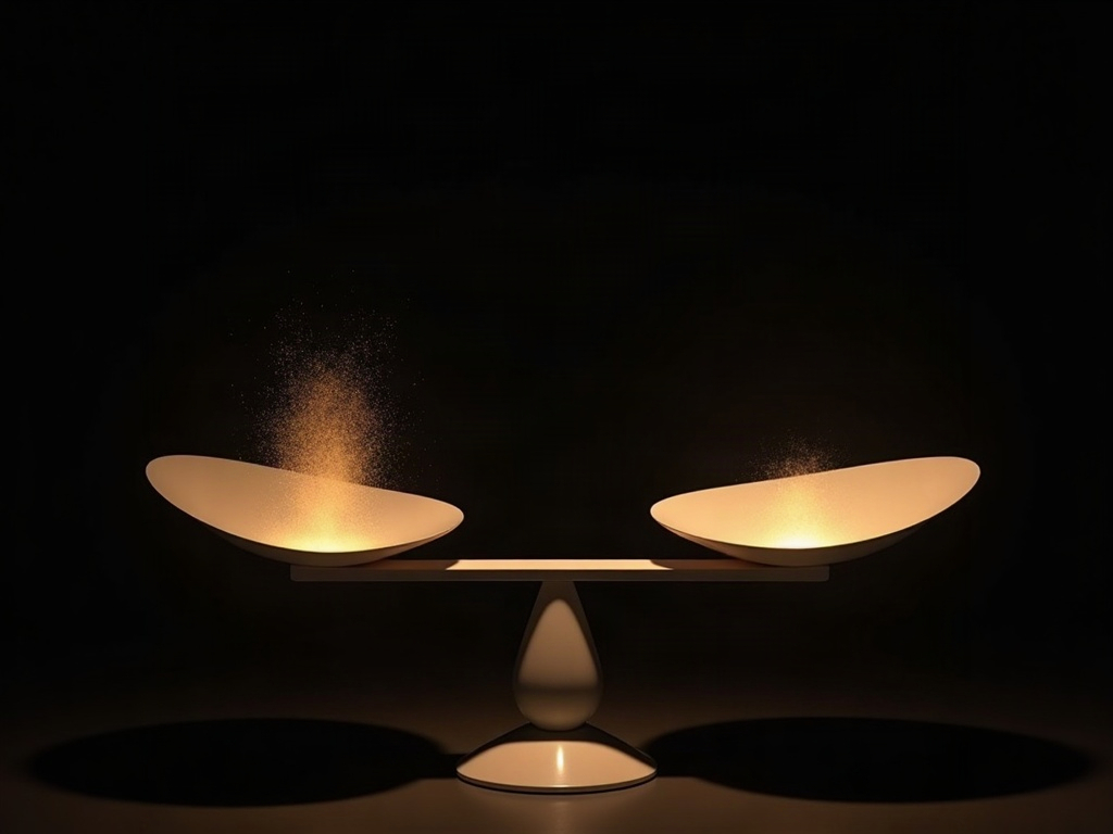 A balance scale weighing a faint glow of radiation dose against a crisp diagnostic image, held in delicate equilibrium