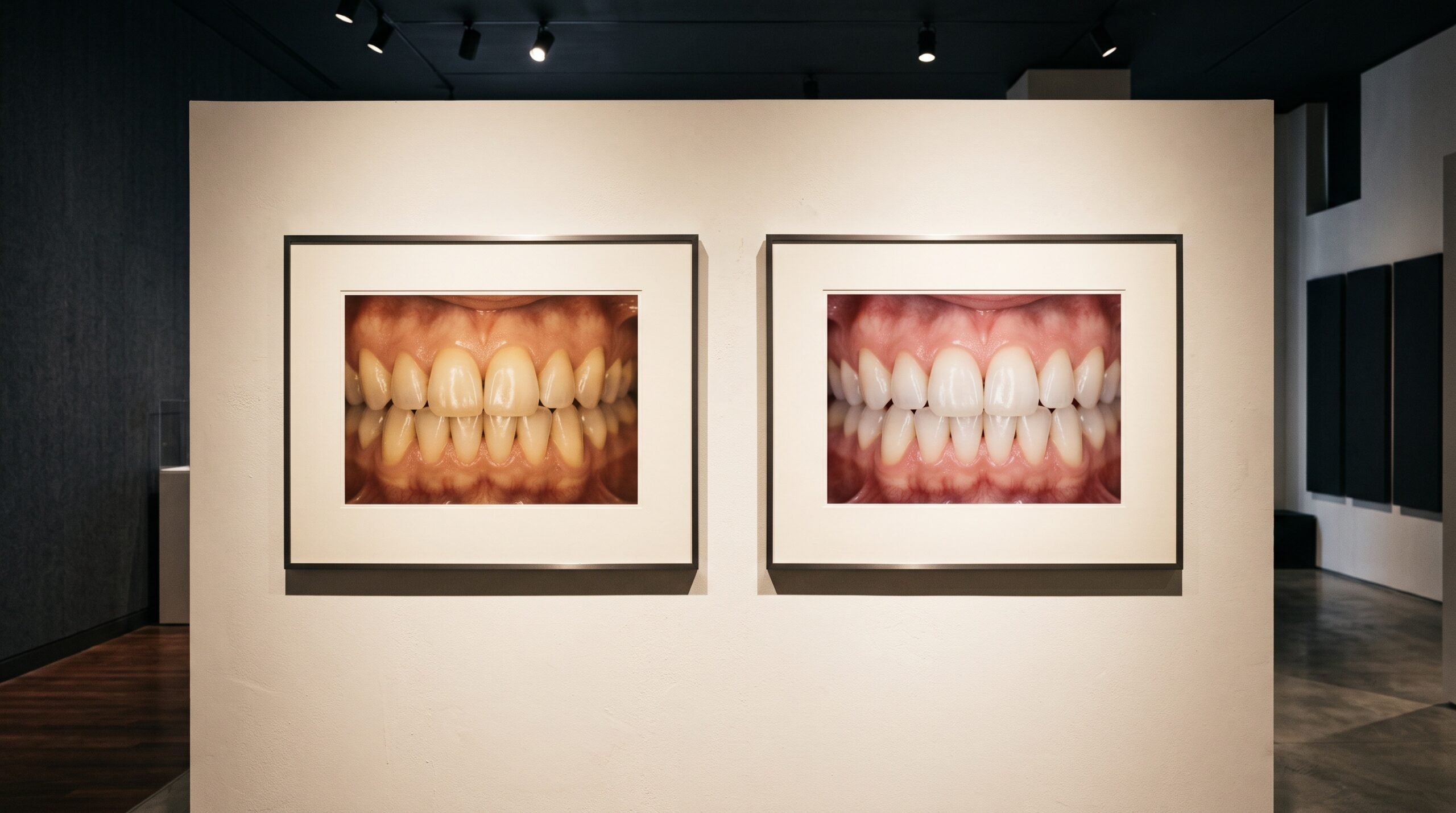 Two framed clinical dental images side by side on a gallery wall, one off-color and one accurate