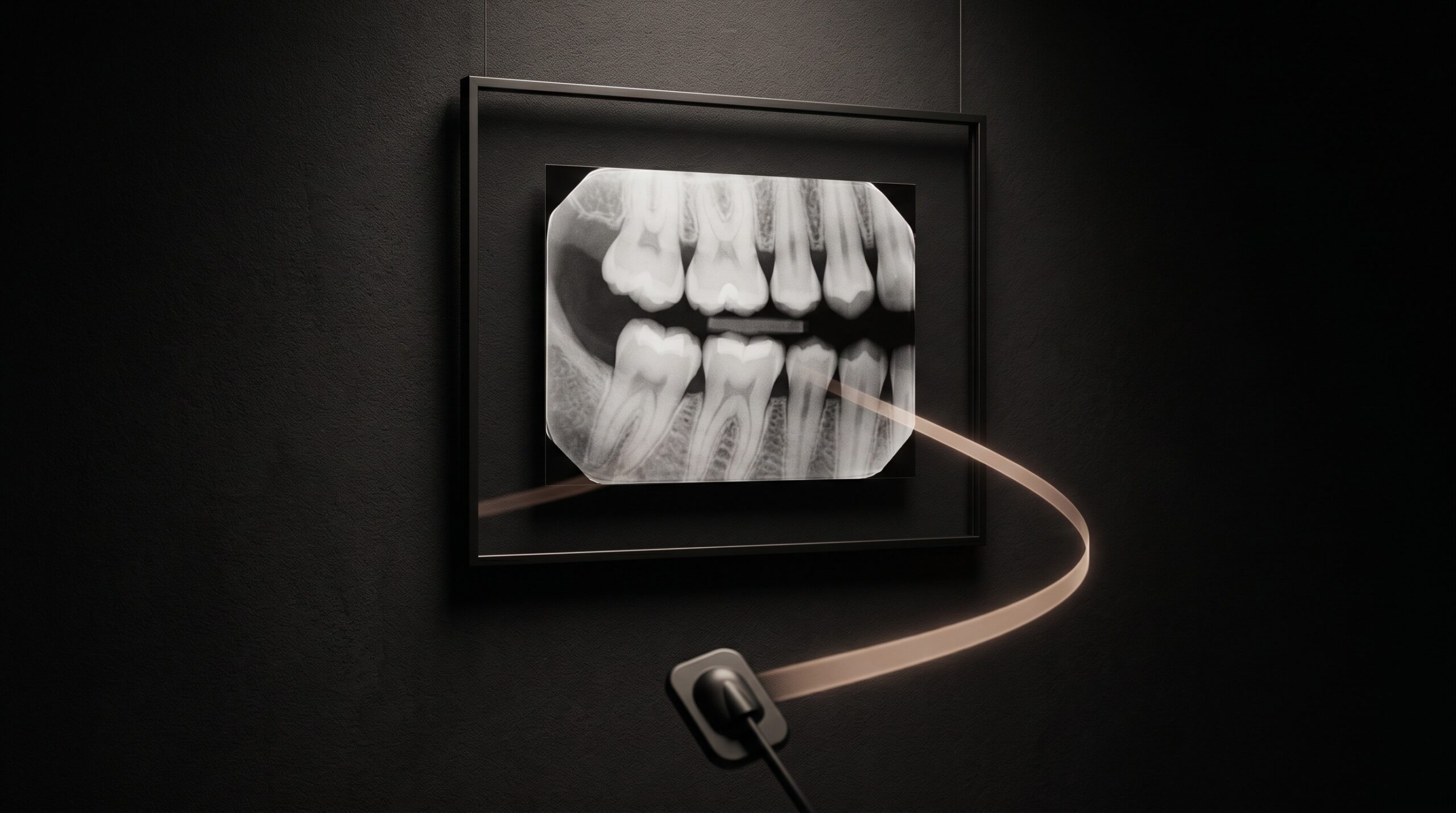 A dental bitewing radiograph in a thin frame receiving a ribbon of light from a stylized sensor, as if handed over at the moment of capture