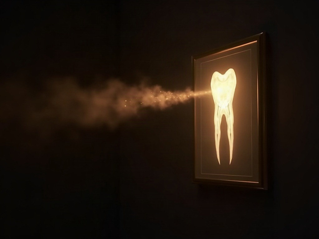 A radiograph depicted as light leaving a frame to a distant cloud and returning with faint annotation rings