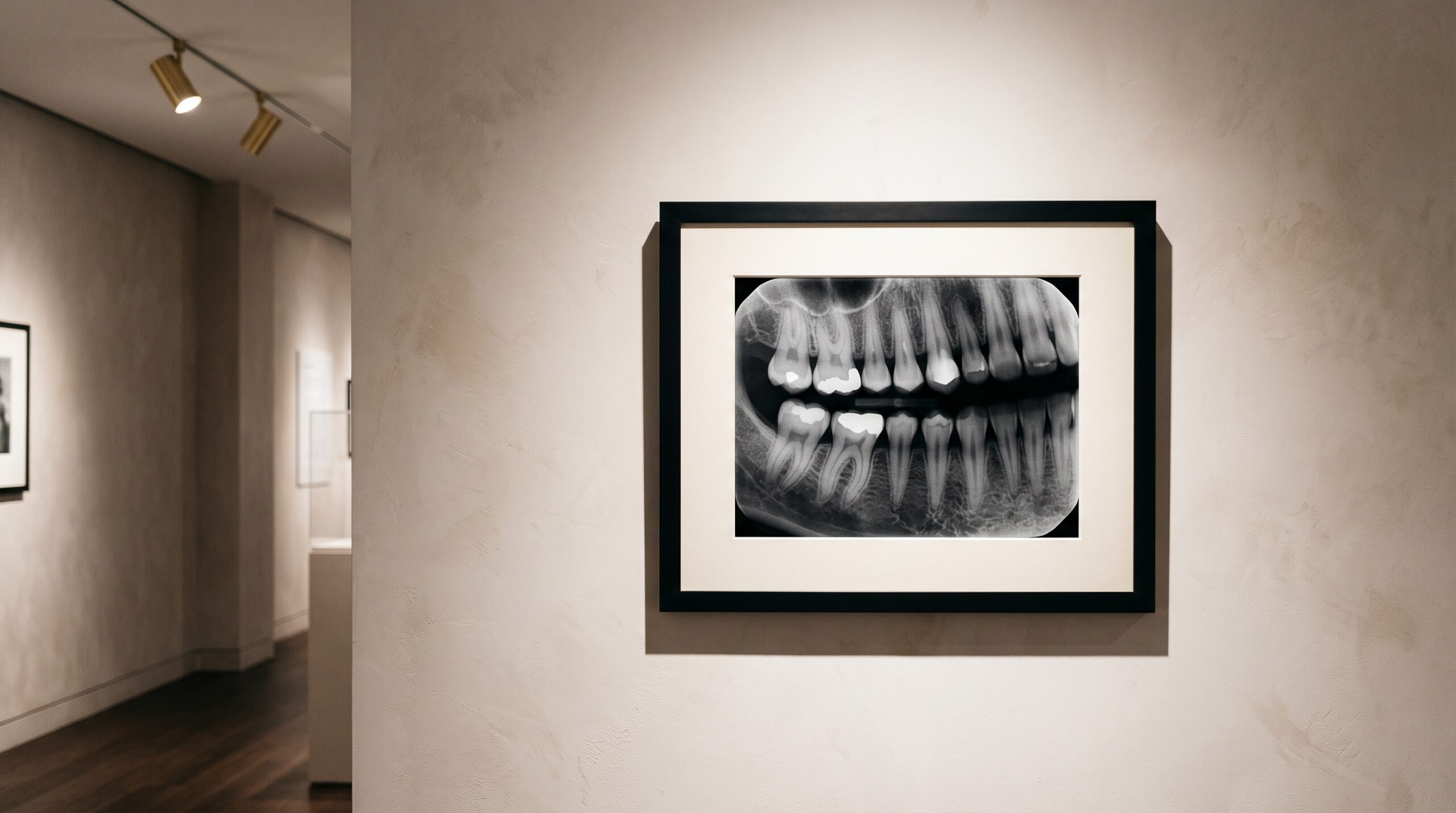 A dental bitewing radiograph mounted and framed like fine art on a softly lit gallery wall