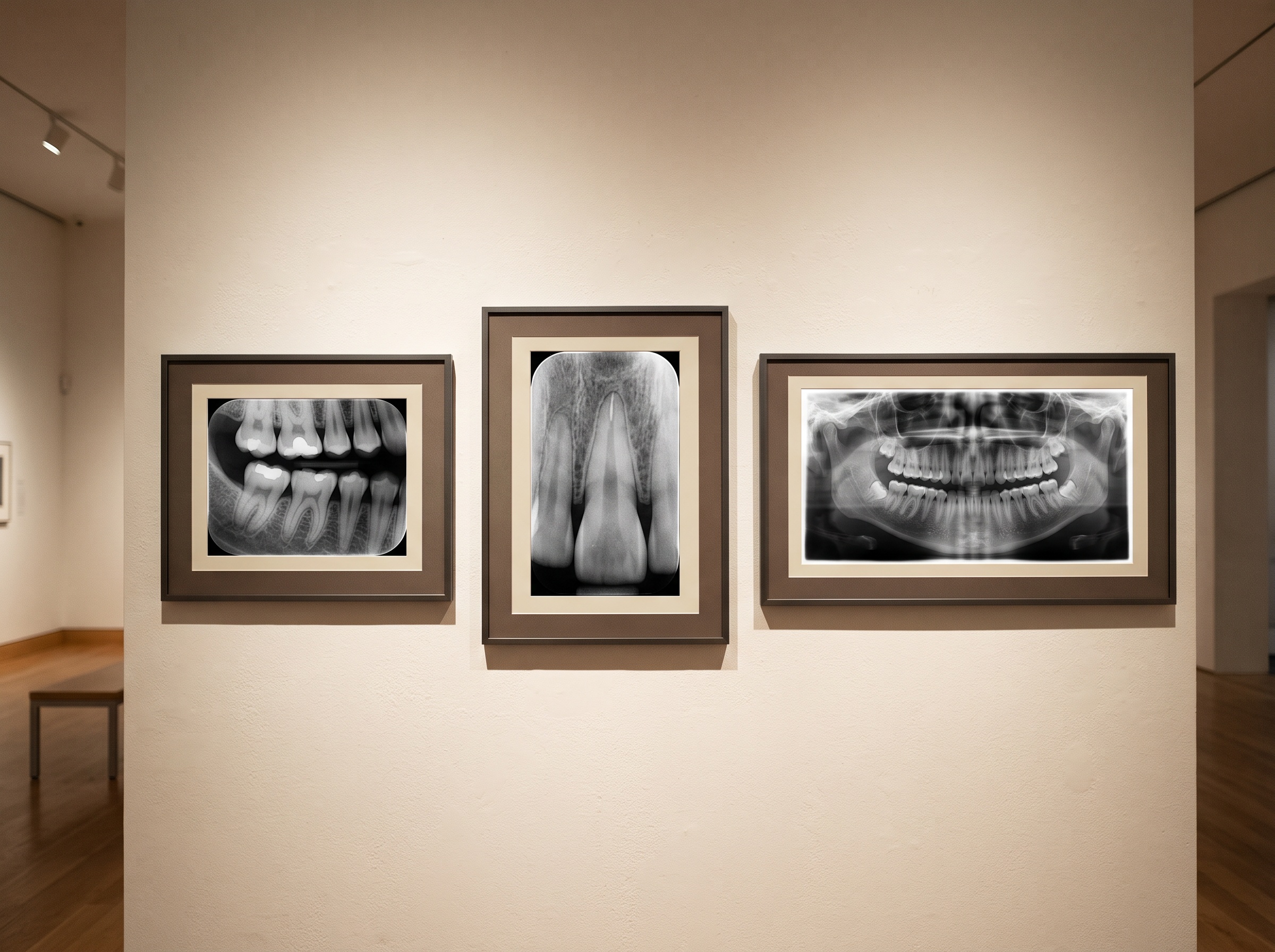 Three dental radiograph types shown as a triptych - a bitewing, a single-tooth view, and a wide panoramic jaw image