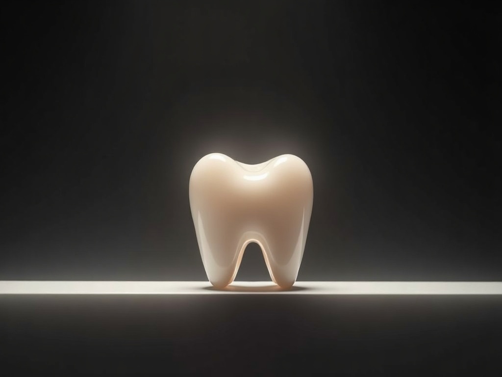 A grayscale gradient with a luminous tooth whose enamel glows bright while a dark shadow sits between two teeth