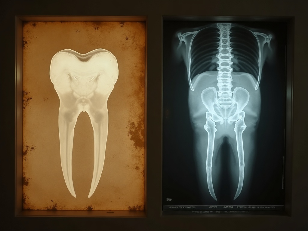 A museum diptych contrasting an antique glass plate and early film with a modern digital sensor and bright on-screen radiograph