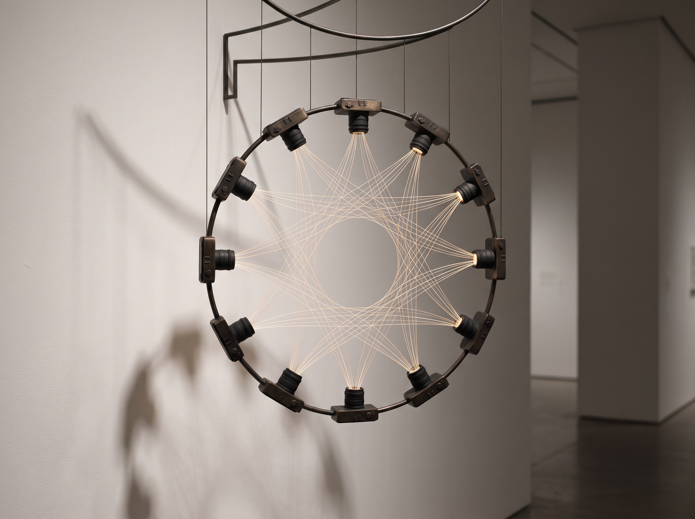A ring of synchronized cameras arranged around a central point, delicate lines converging to suggest a face reconstructed from many viewpoints