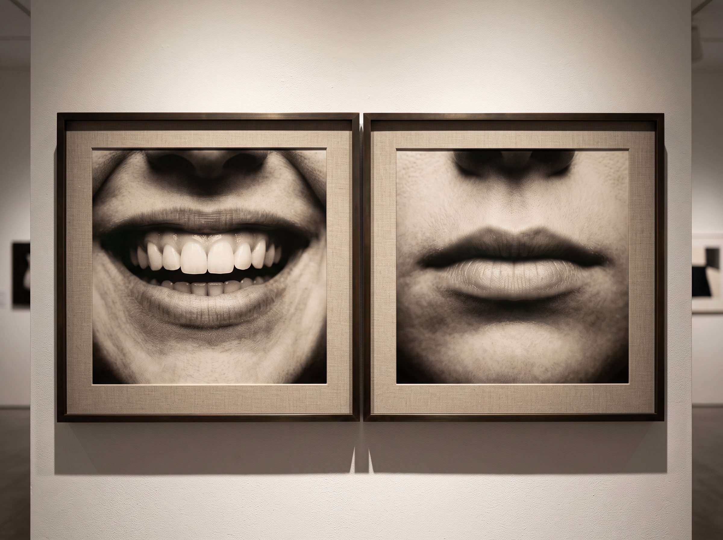 A fully animated smile revealing gum and full tooth display shown beside a quiet closed repose, as framed gallery art