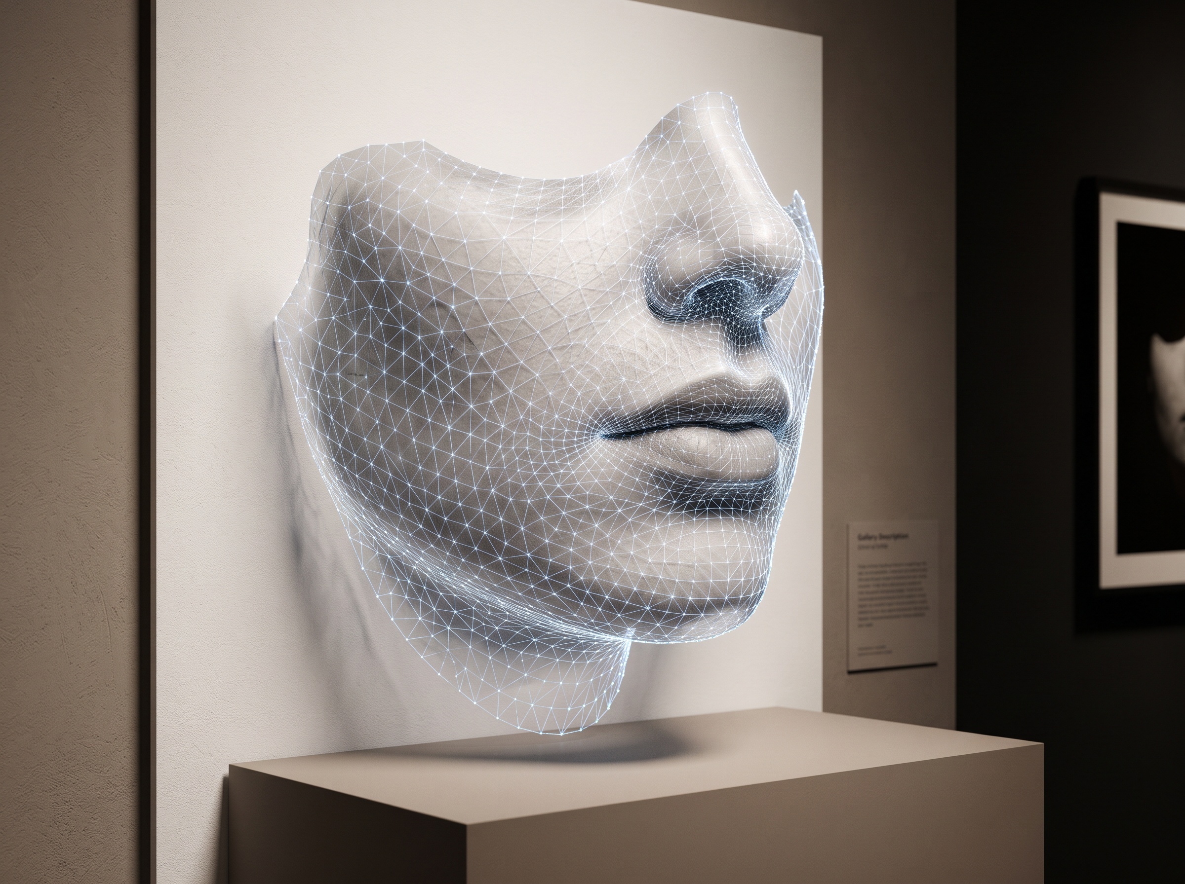 A delicate 3D facial surface mesh of the lips and lower face with photographic texture mapped across it, shown as gallery art