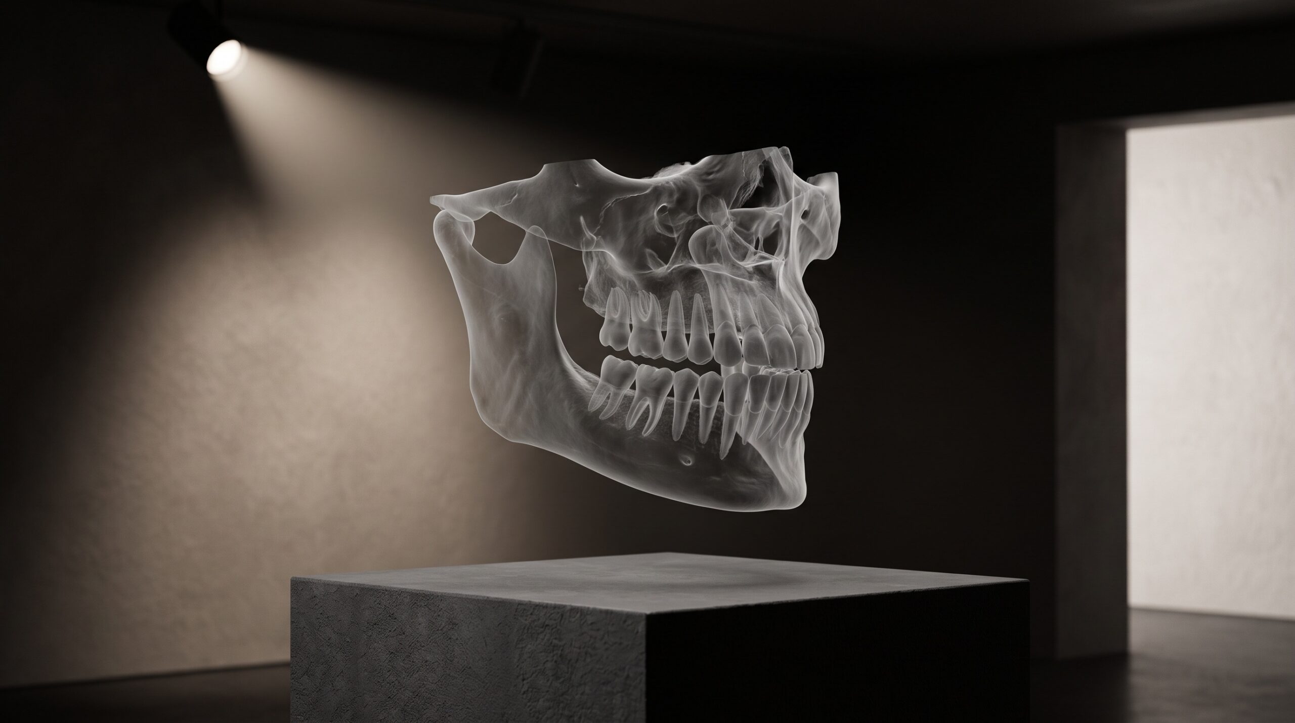 A translucent 3D CBCT volume of a jaw presented as a sculptural exhibit on a gallery plinth