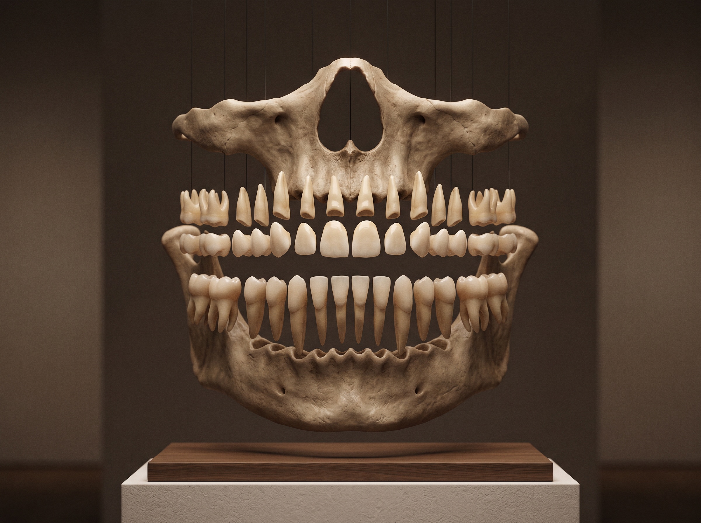 A 3D jaw volume with individual teeth visually separated from one another and from the bone