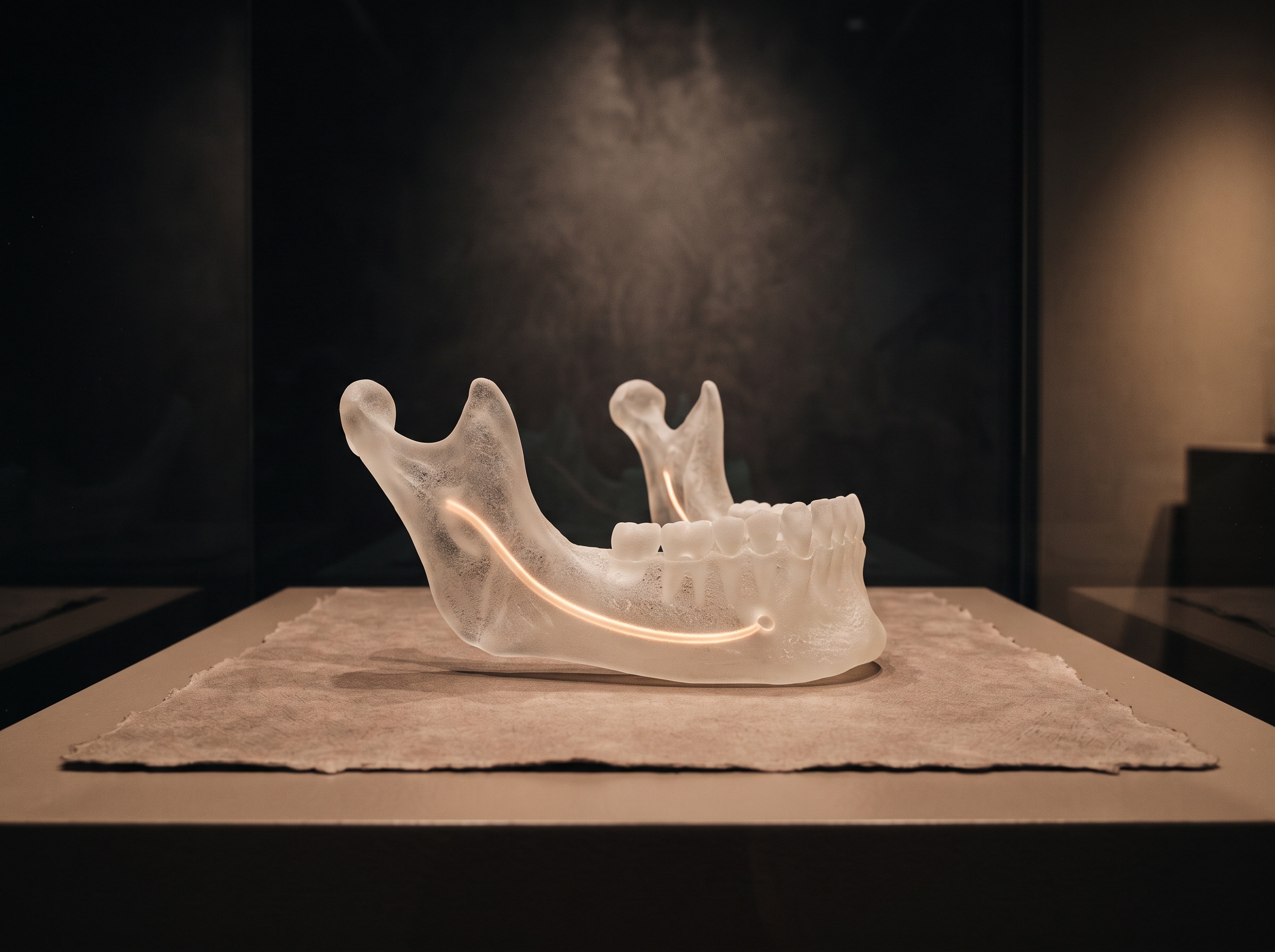 A translucent 3D mandible with a glowing curved channel tracing the mandibular nerve canal