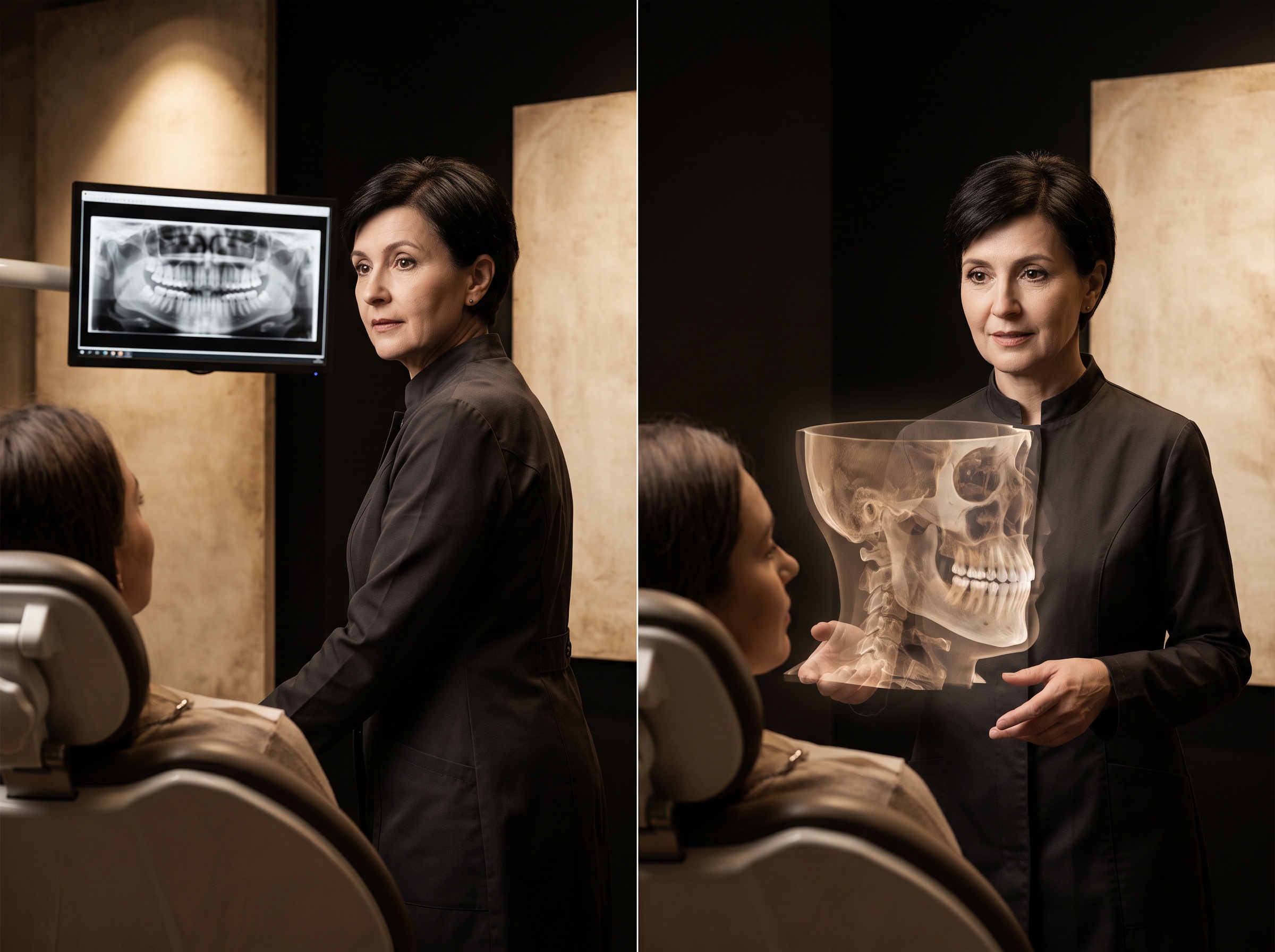 Diptych contrasting glancing at a separate monitor with viewing the scan overlaid directly on the patient