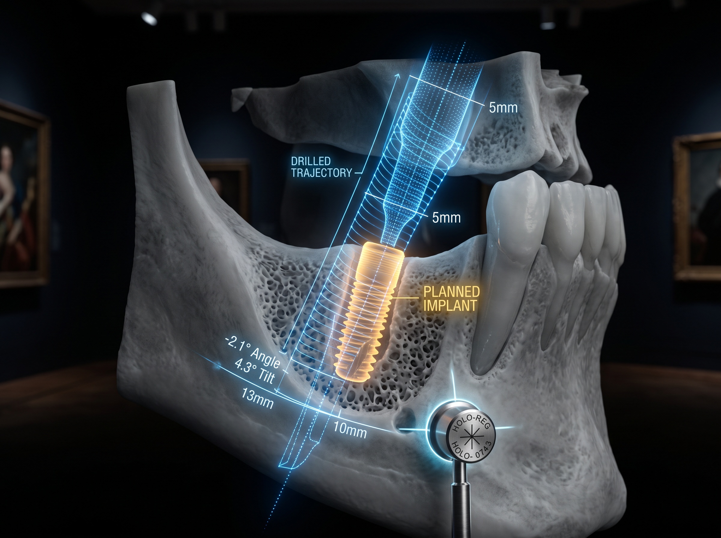 A glowing planned implant cylinder and drill trajectory aligned into a semi-transparent jawbone volume