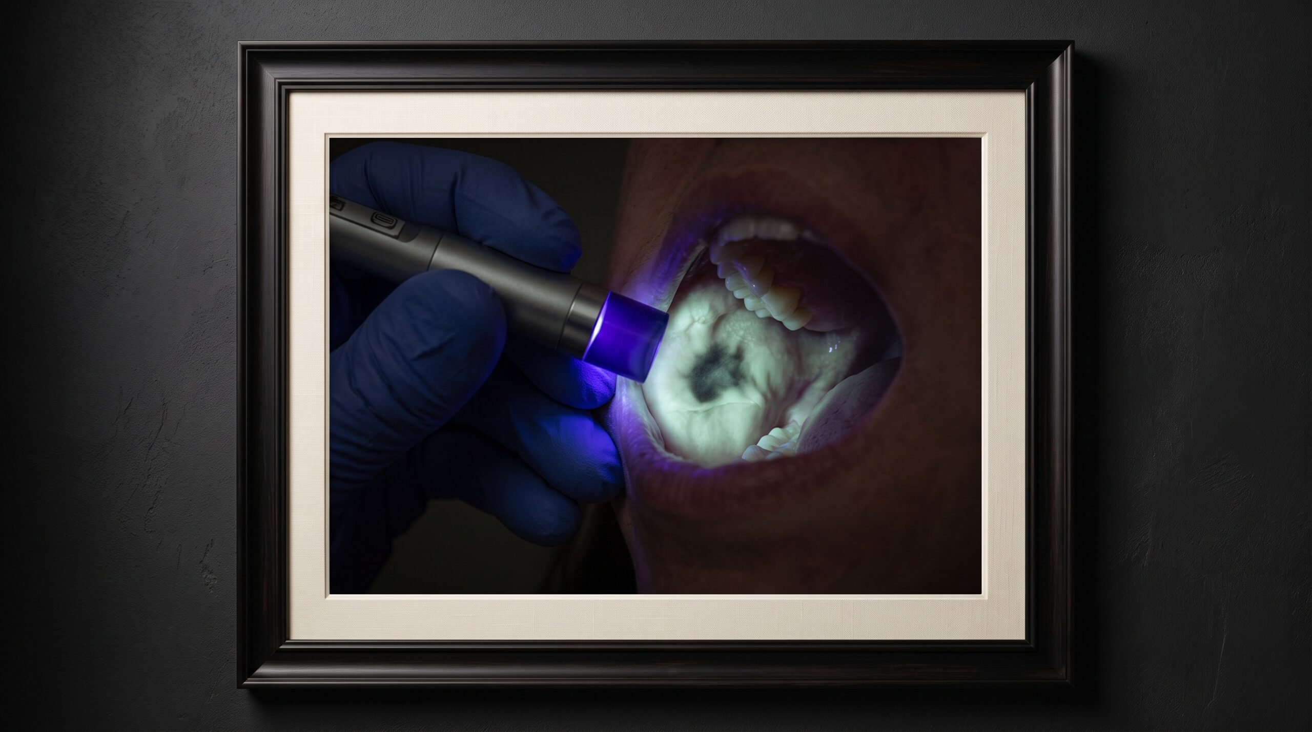 Blue autofluorescence light on oral mucosa, healthy tissue glowing green with one dark suspicious area