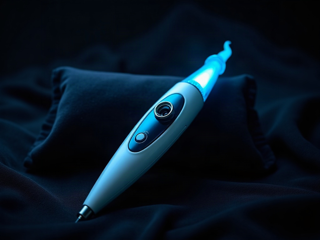A handheld autofluorescence screening device with a blue emitter beside a dental mirror on black velvet