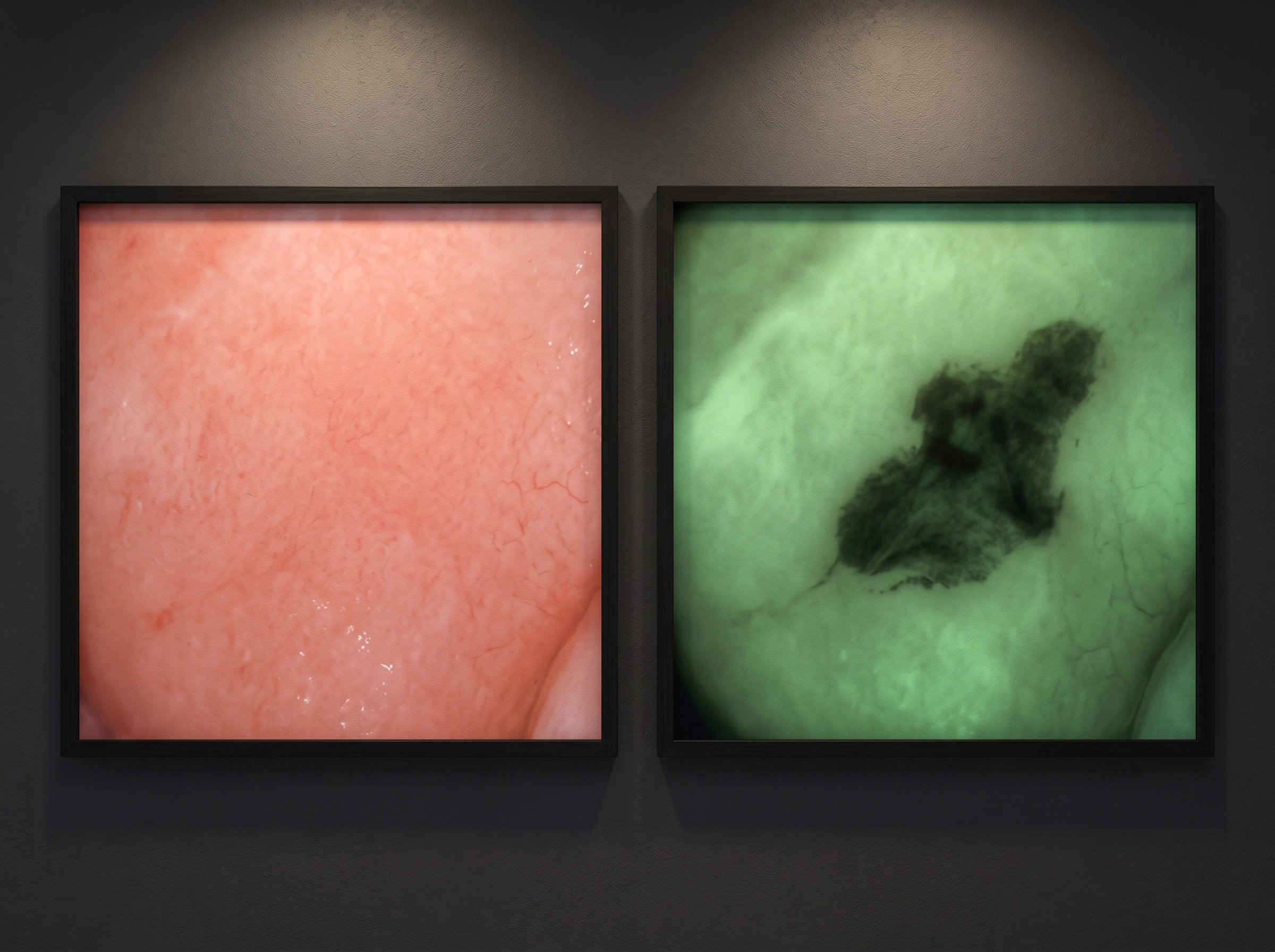 Diptych of oral mucosa under white light appearing normal and under autofluorescence revealing a dark zone