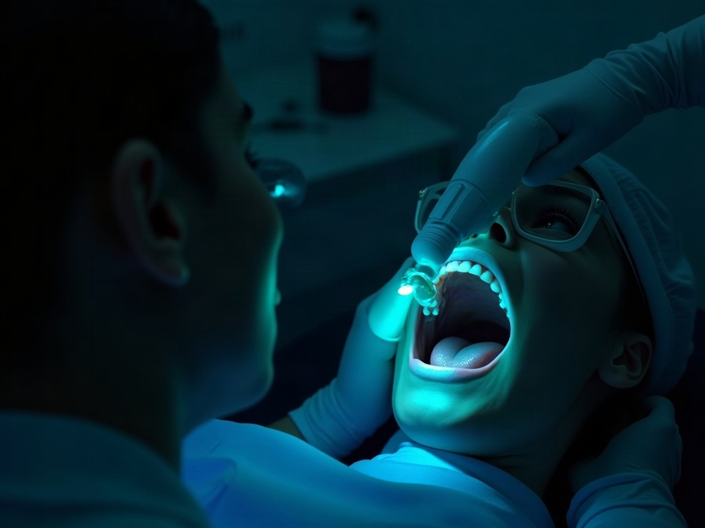 A clinician screening the floor of the mouth with an autofluorescence device in a darkened operatory