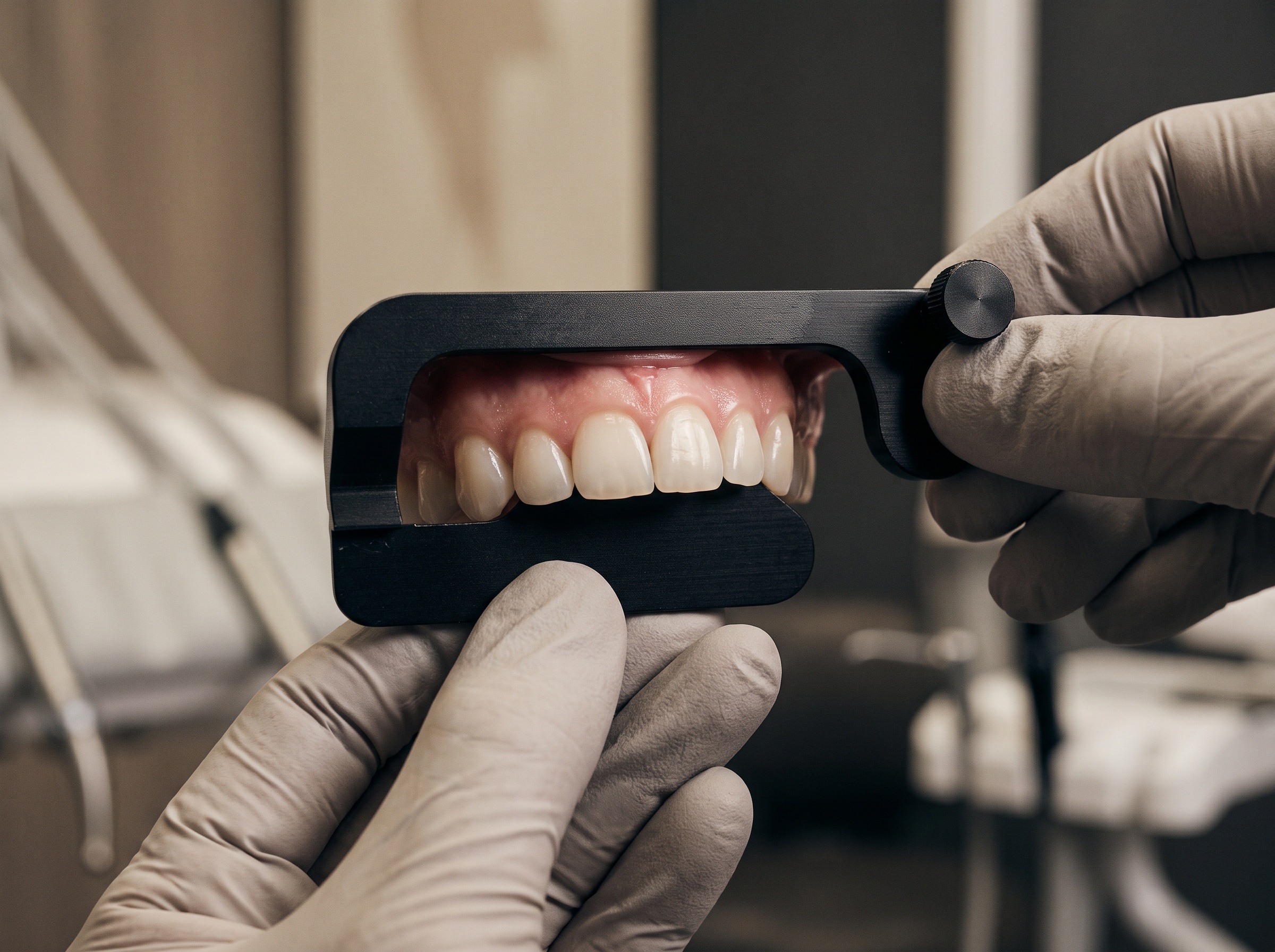 A black anodized contrastor placed behind the upper anterior teeth to isolate them from the mouth