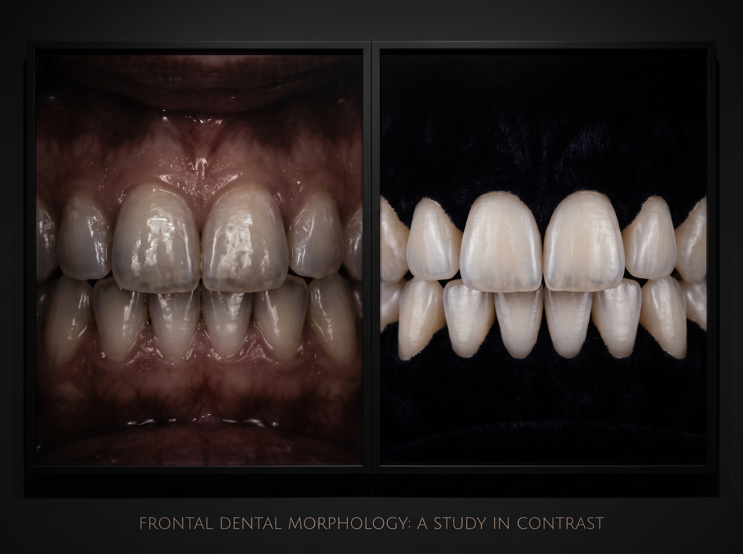 Diptych comparing a cluttered intraoral background with the same teeth isolated on black