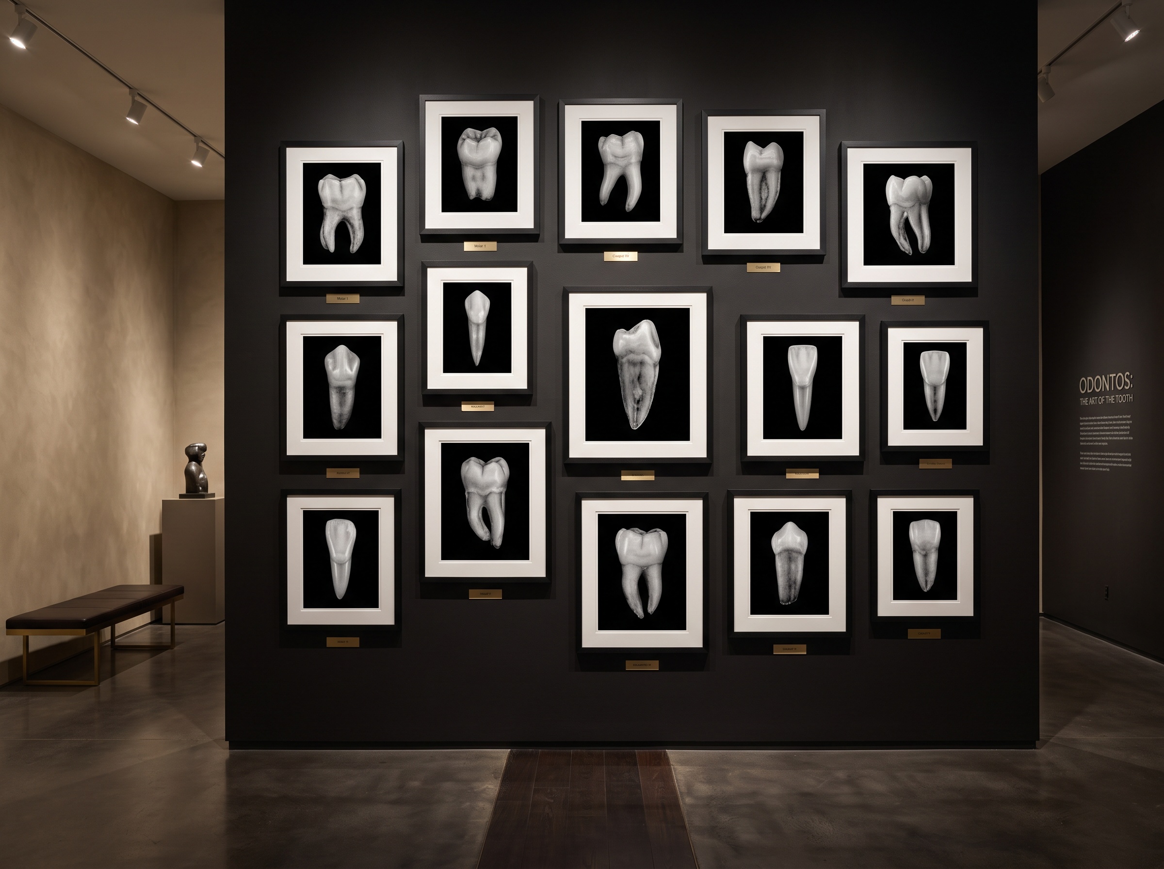 A gallery wall of framed black-background tooth portraits presented as fine art