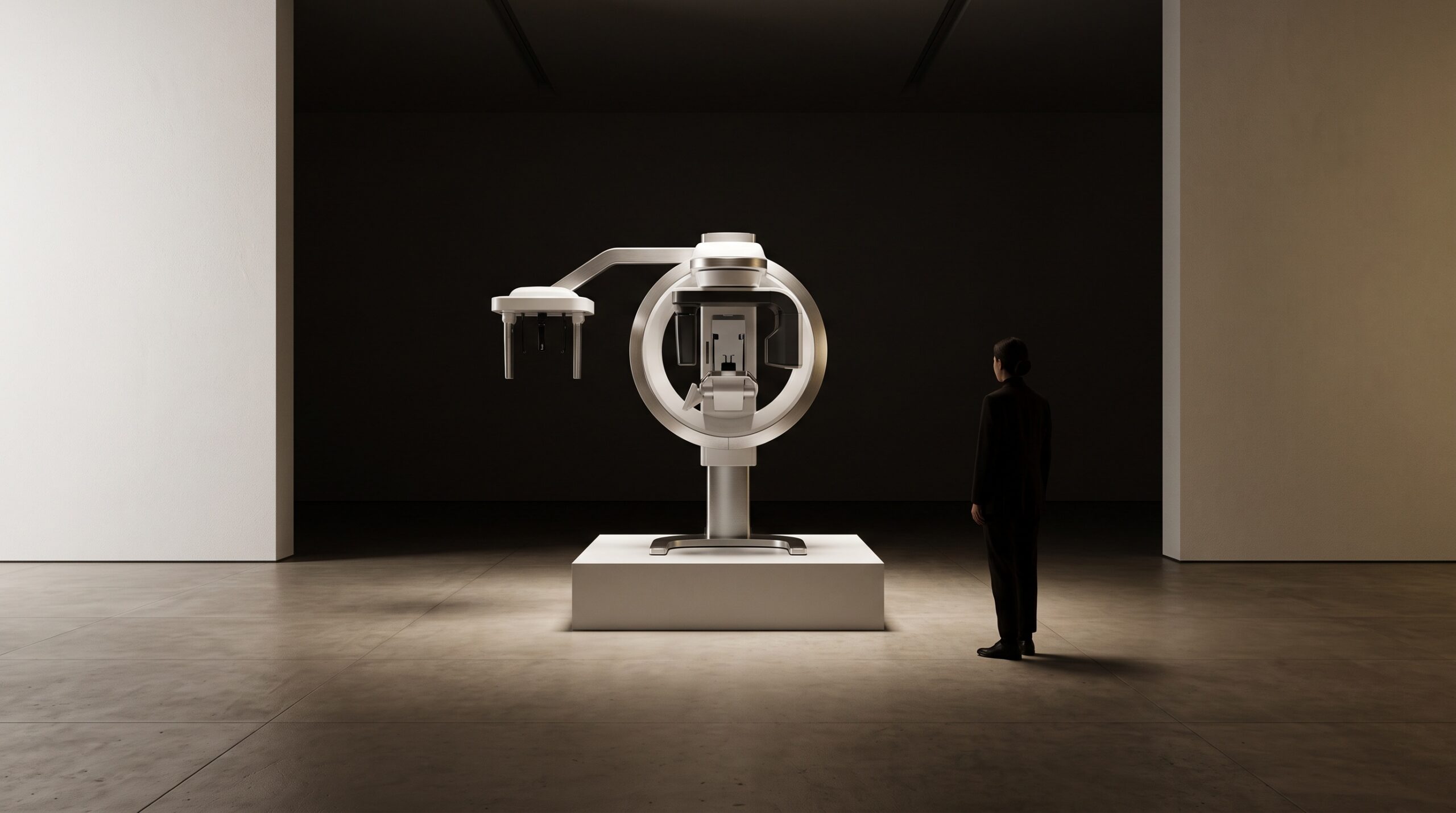A cone-beam CT dental scanner presented as a sculptural object on a plinth in a gallery white room under museum lighting