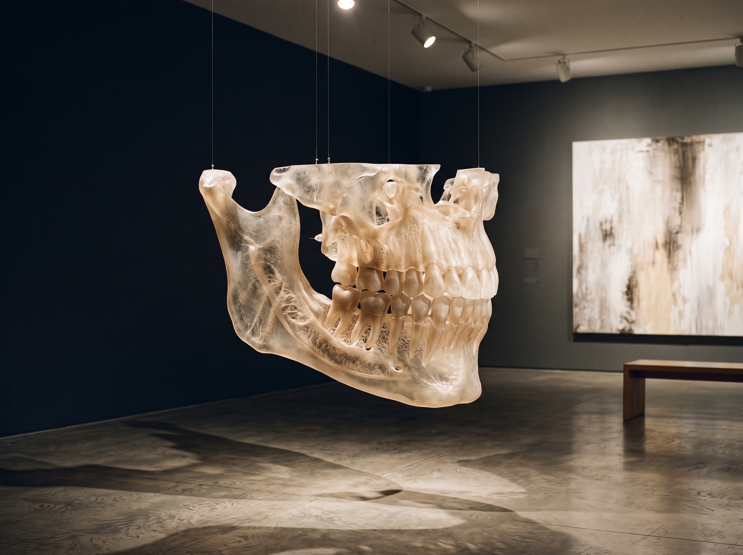 A glowing three-dimensional cone-beam CT reconstruction of a jaw and teeth floating as a translucent sculpture in gallery space