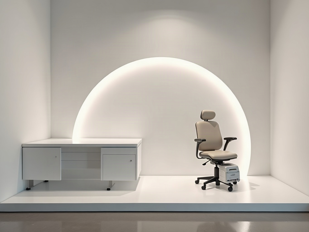 A laboratory bench and a clinical chair joined by a luminous arc, representing the loop between research and practice