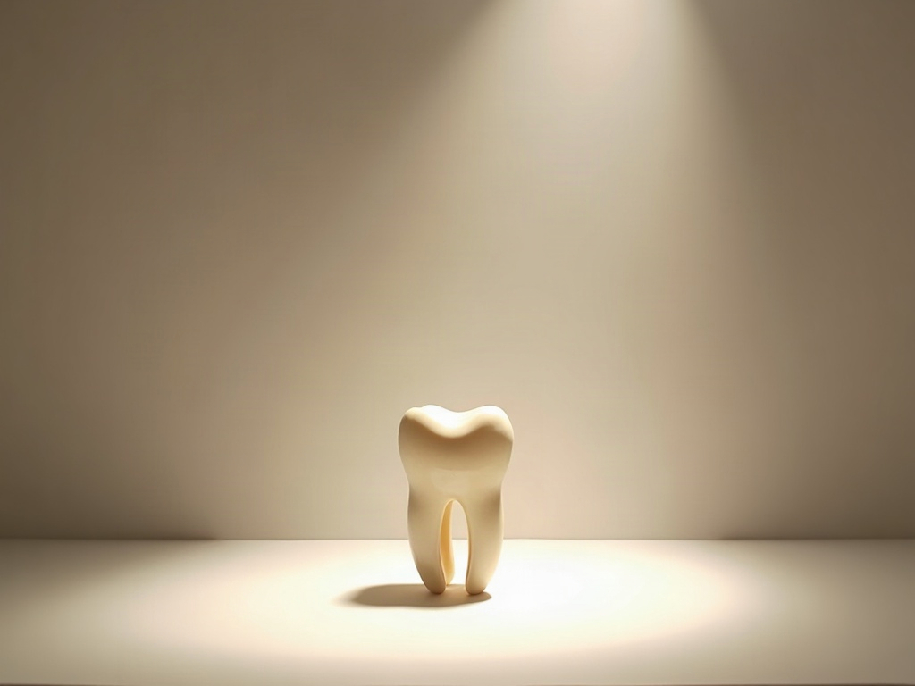 A single narrow beam of light falling on one isolated tooth form against a clean neutral field, evoking disciplined restraint