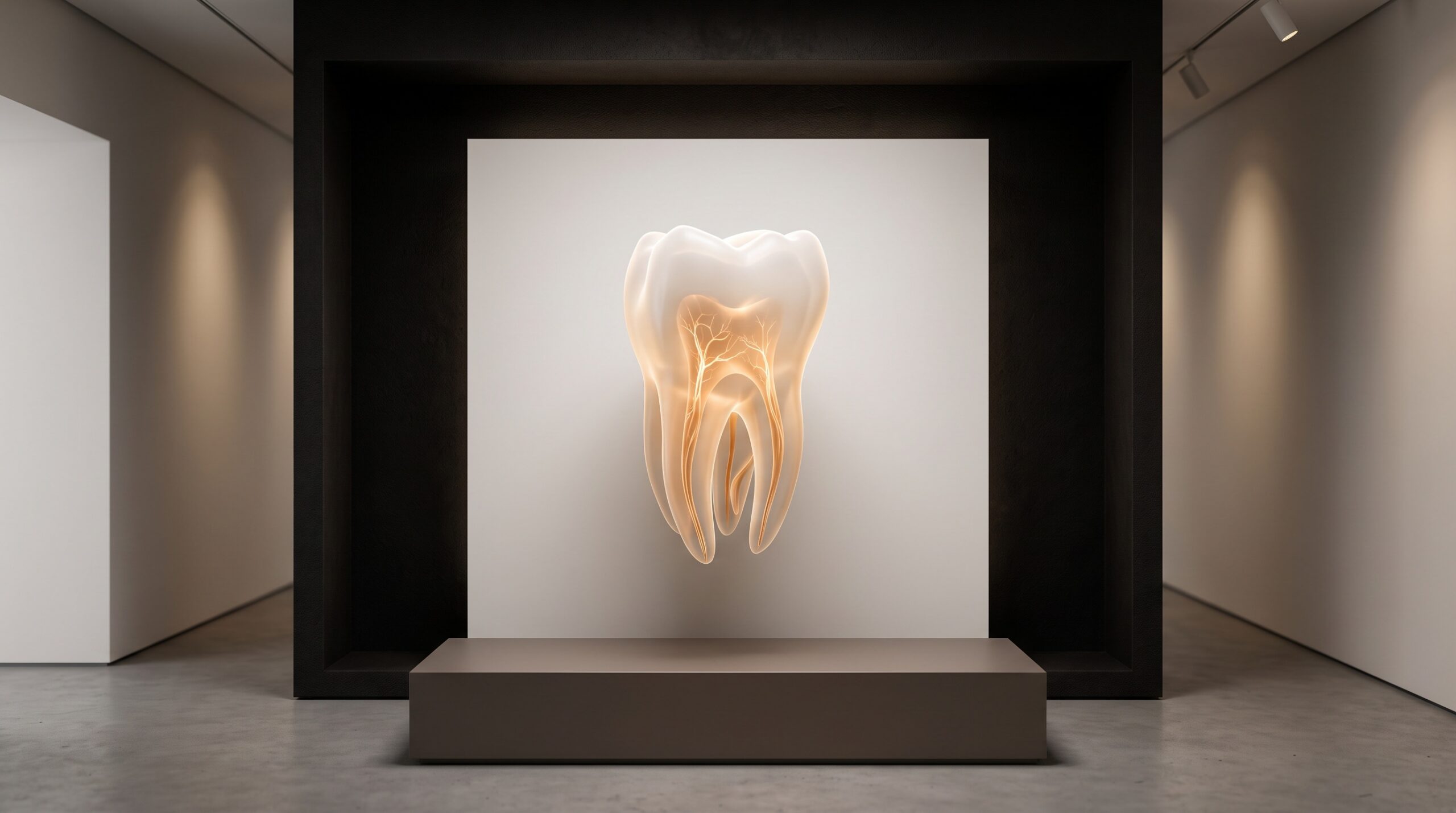 A translucent molar seen in three dimensions with its branching internal canal system glowing faintly inside, a delicate extra canal becoming visible behind a larger one