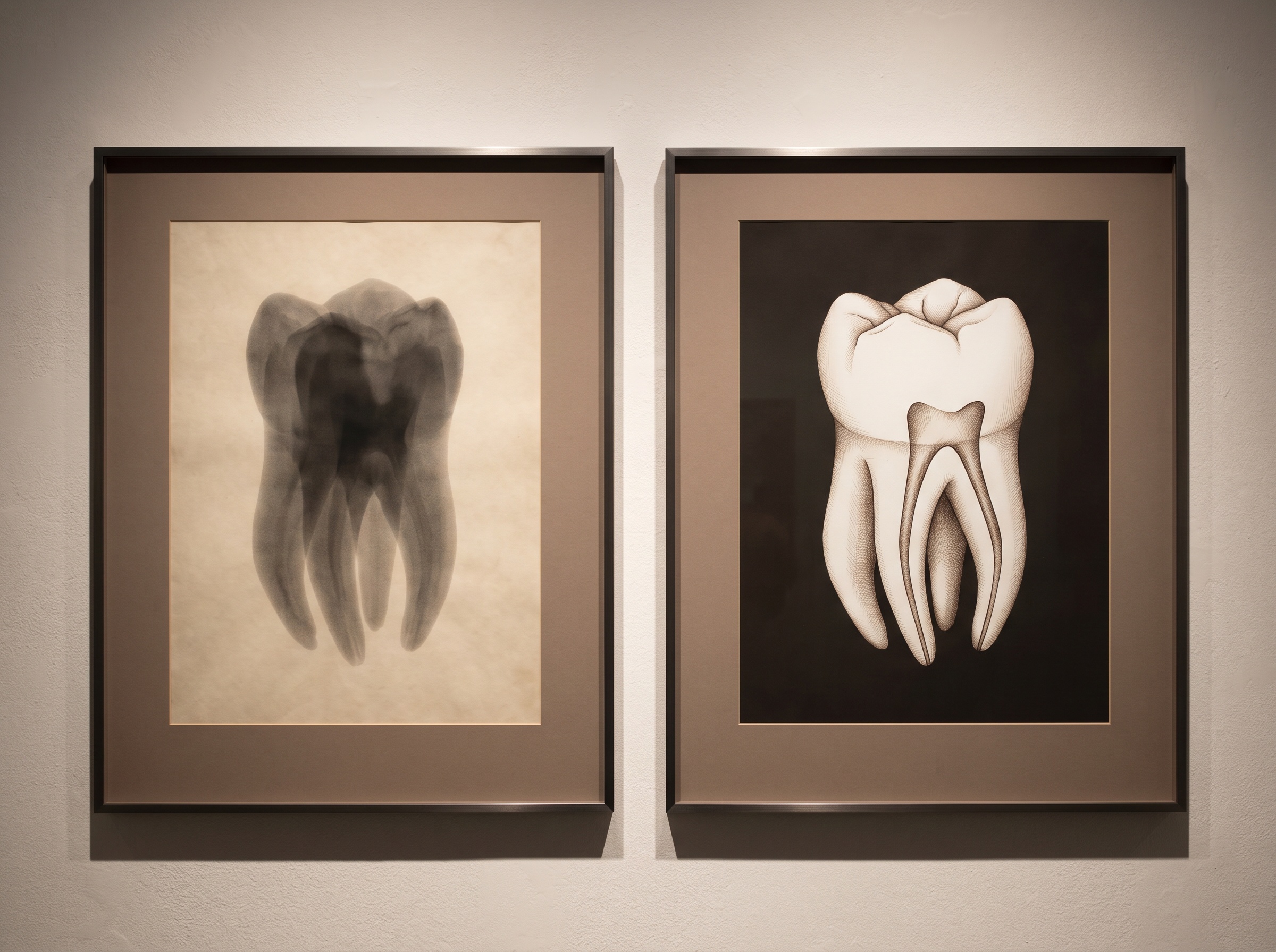 A diptych: a flat grey radiograph where overlapping roots collapse into one ambiguous smudge beside the same tooth as a crisp three-dimensional volume with distinct roots