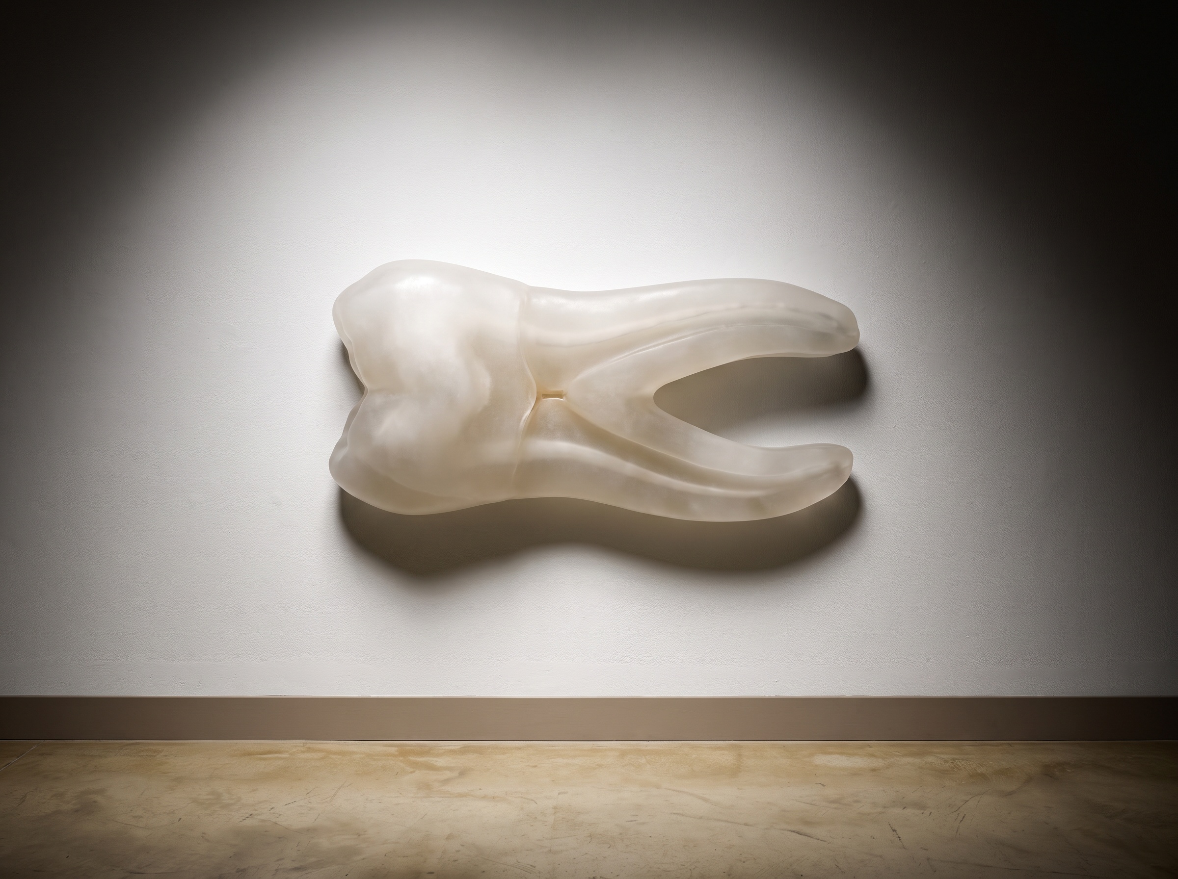 A broad fused molar root shown as a translucent sculpture, two roots merged into one wide ribbon with a narrow isthmus channel connecting the internal canals