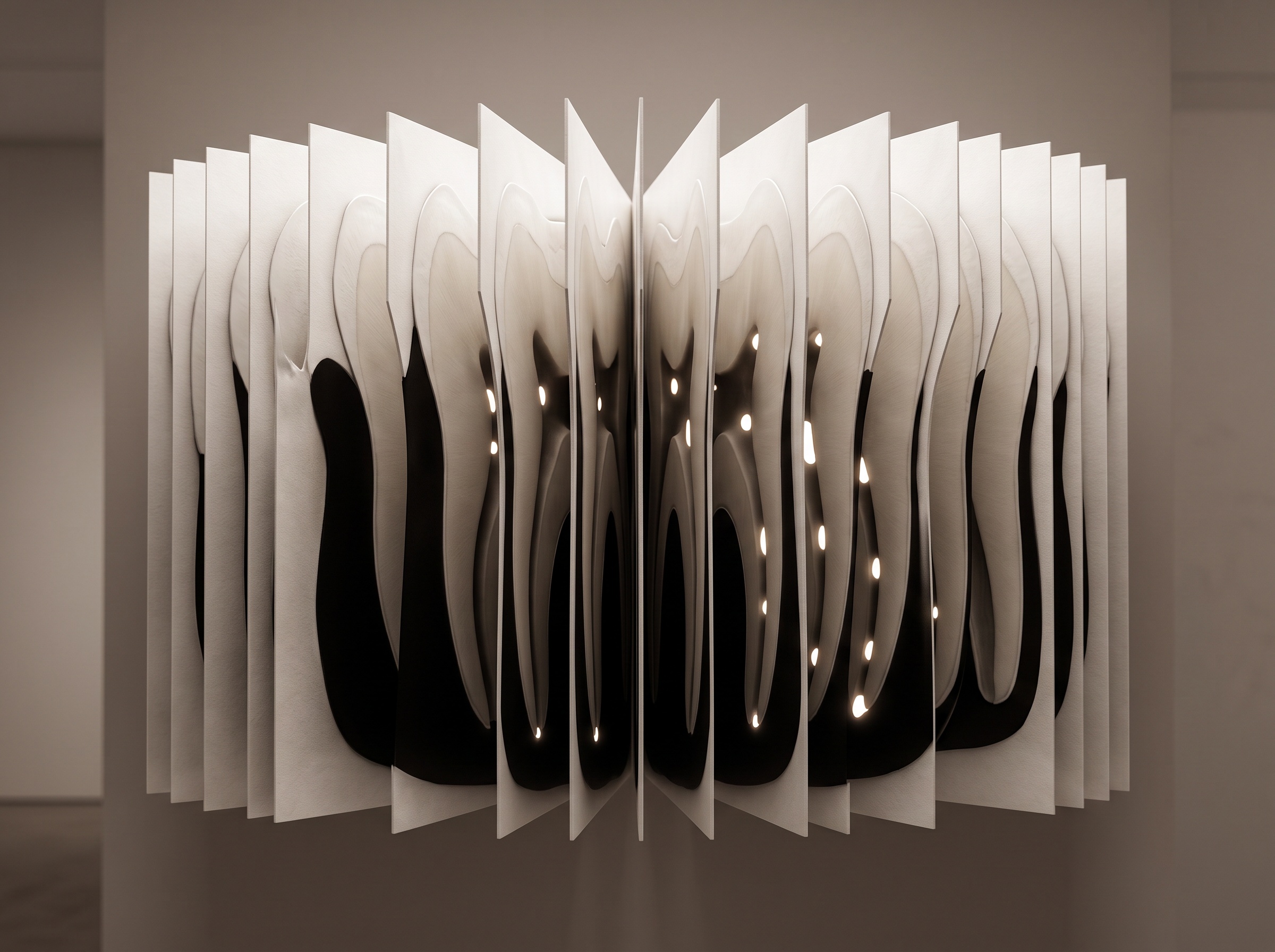 A three-dimensional tooth sliced into a fanned stack of thin cross-sectional planes, each slice revealing the changing cross-section of the root canals as small bright openings