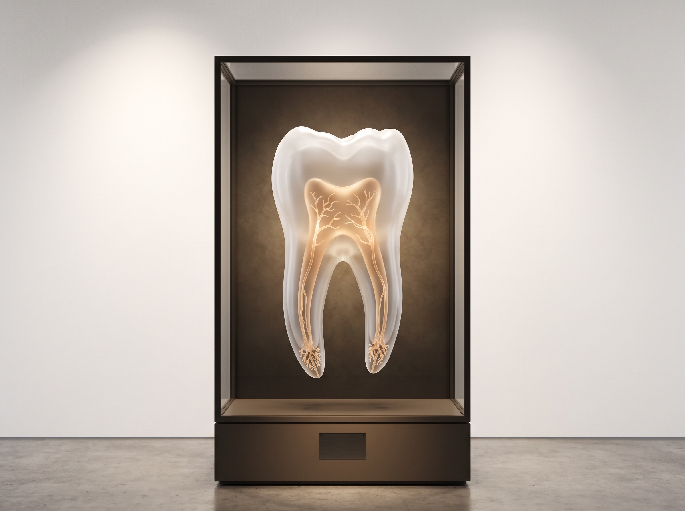 A complete translucent molar shown as finished artwork with its full internal architecture of branching canals, lateral channels, and an apical delta glowing within