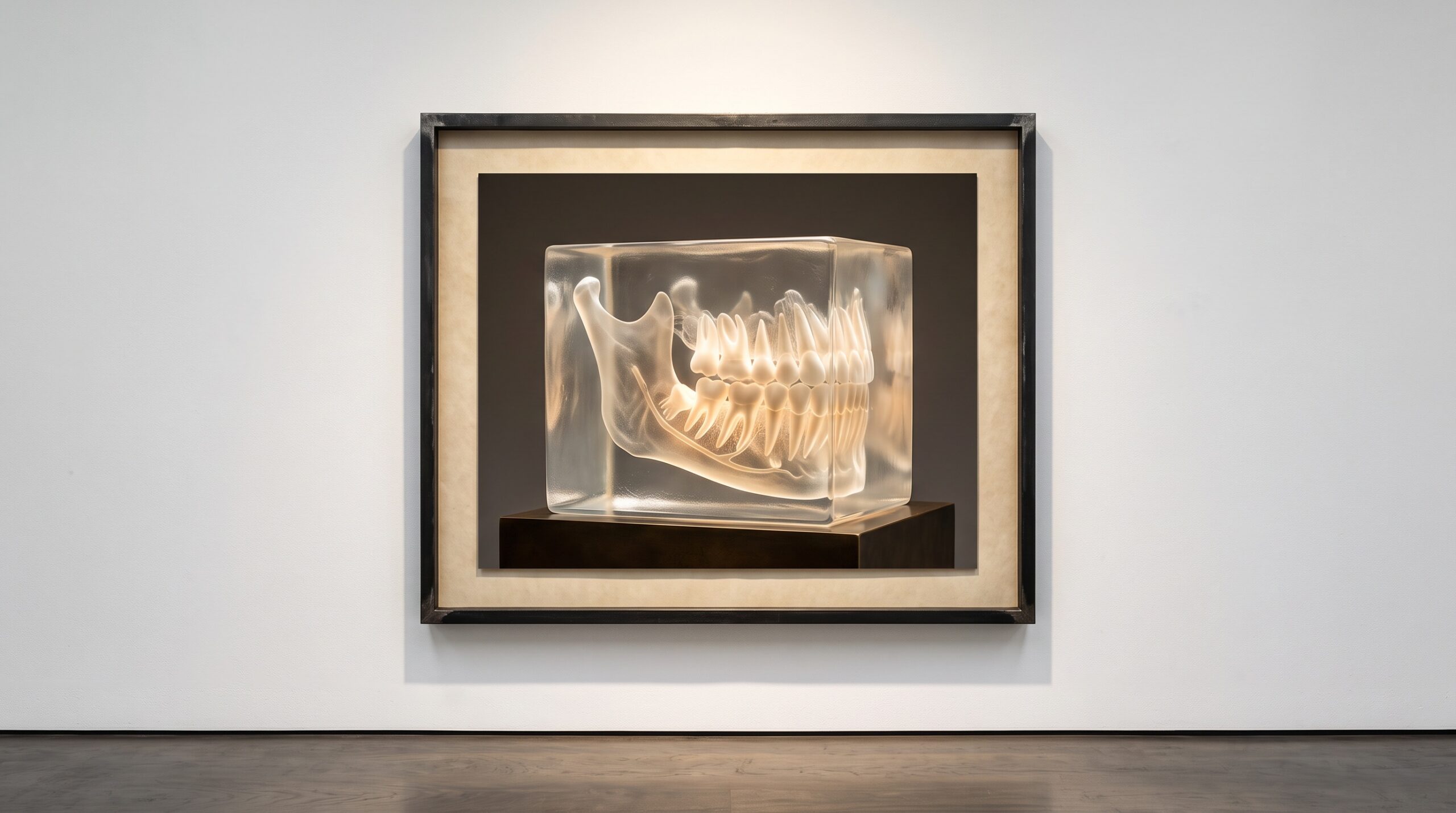 A jaw and teeth rendered as a translucent luminous volume with dense roots and bone glowing solid inside, presented as framed gallery art