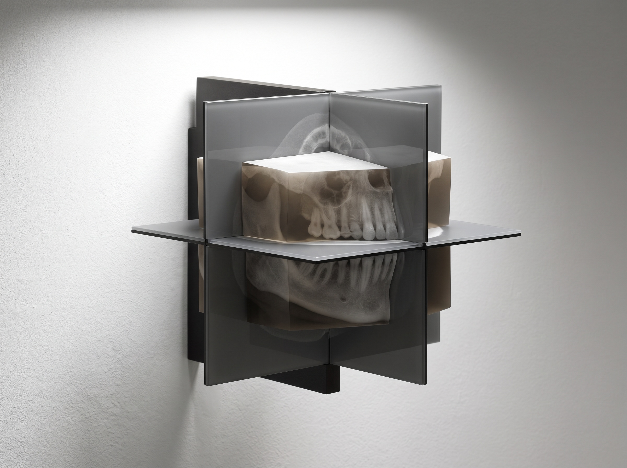 A volumetric block cut by three intersecting planes showing axial, sagittal and coronal cross-sections of a jaw, as gallery art