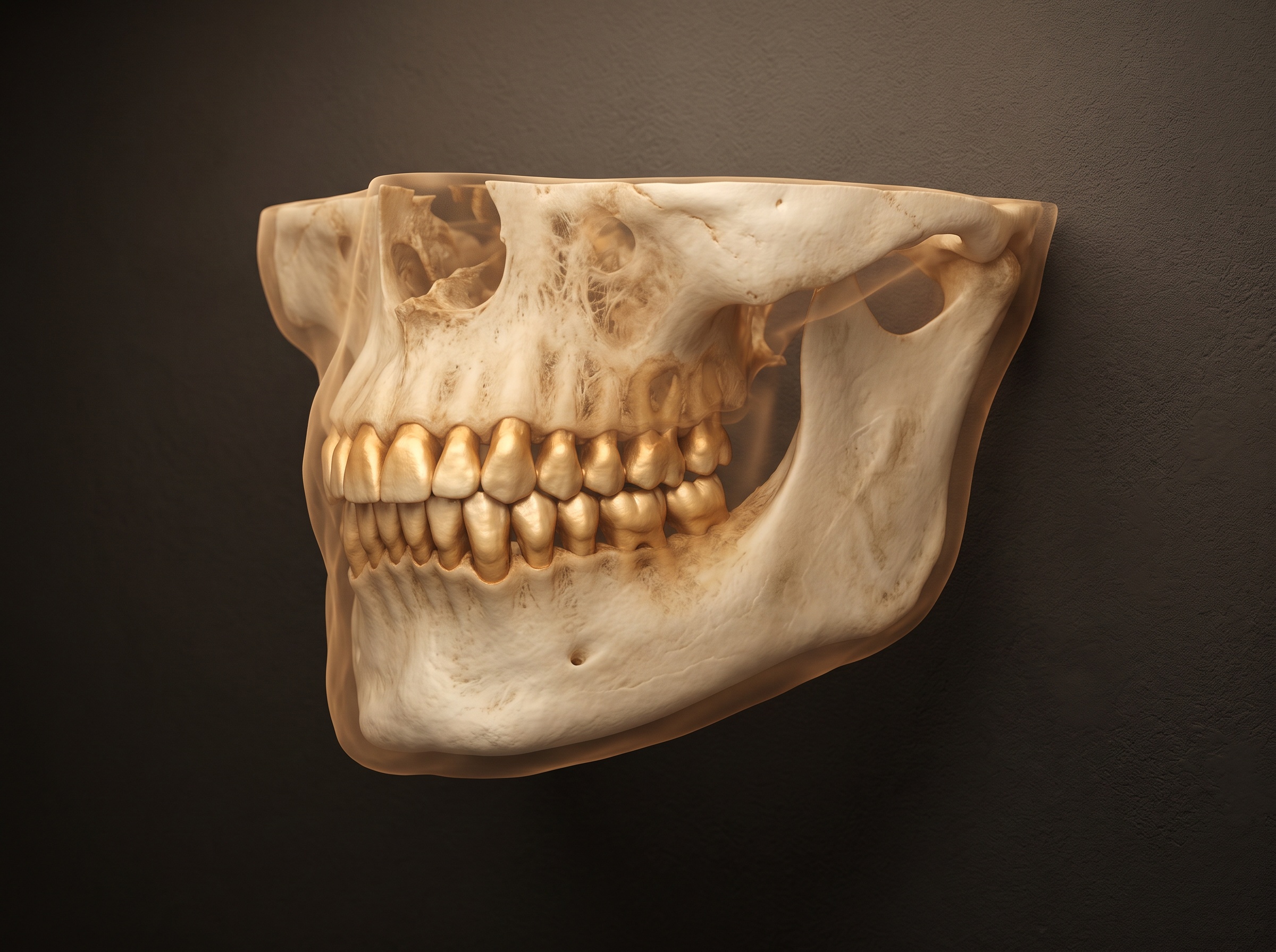 A jaw volume rendered so enamel appears opaque gold, bone pale parchment, and soft tissue a faint translucent veil, as gallery art