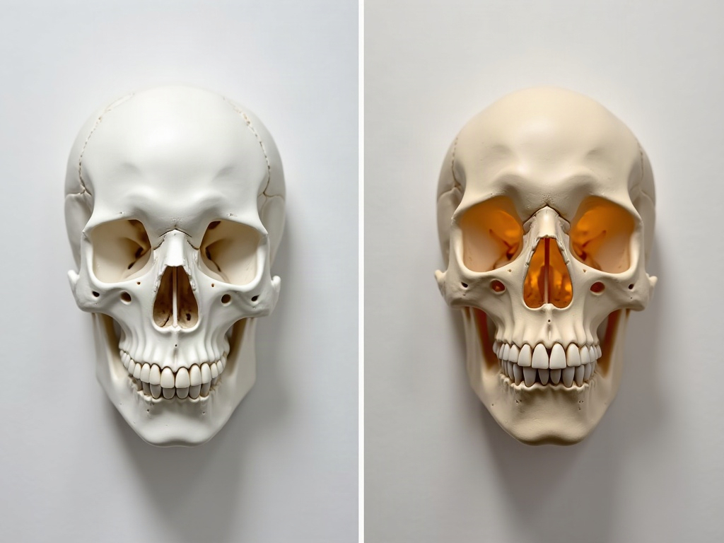 Two renderings of one jaw volume side by side, a hard opaque white surface shell versus a soft translucent glowing volume, as gallery art