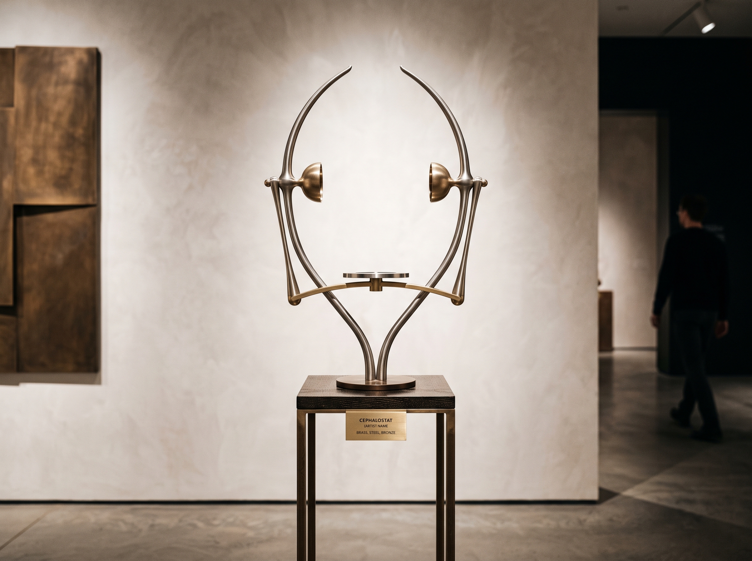 An abstract sculpture of a cephalostat's symmetrical ear-rod arms, evoking the standardized head positioning behind every cephalogram