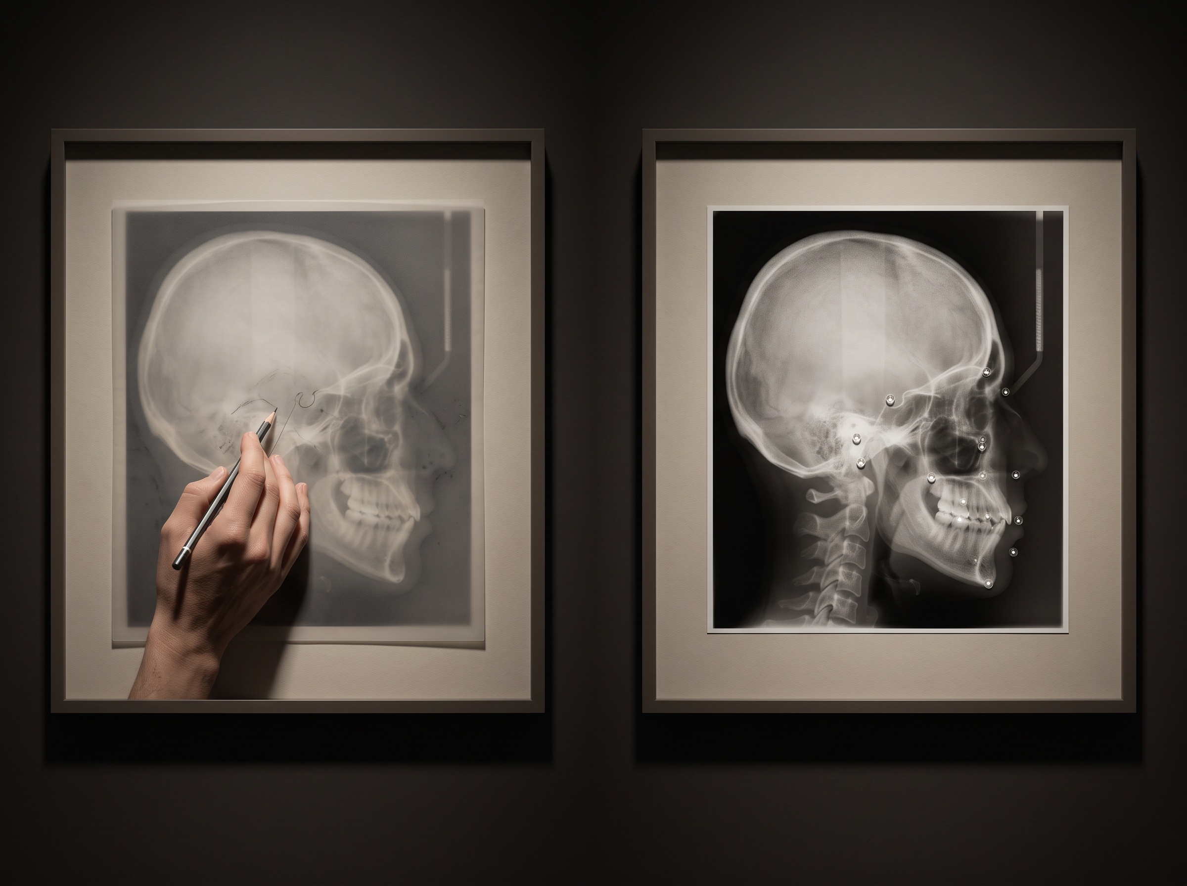 A gallery diptych: a hand tracing landmarks on acetate on one side, crisp machine-placed points appearing on the other
