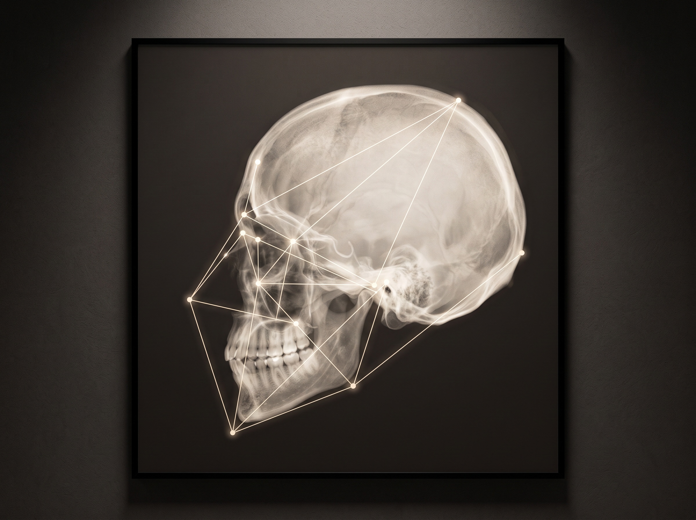 A skull profile radiograph overlaid with clean geometric lines connecting landmark points into angles, shown as gallery art